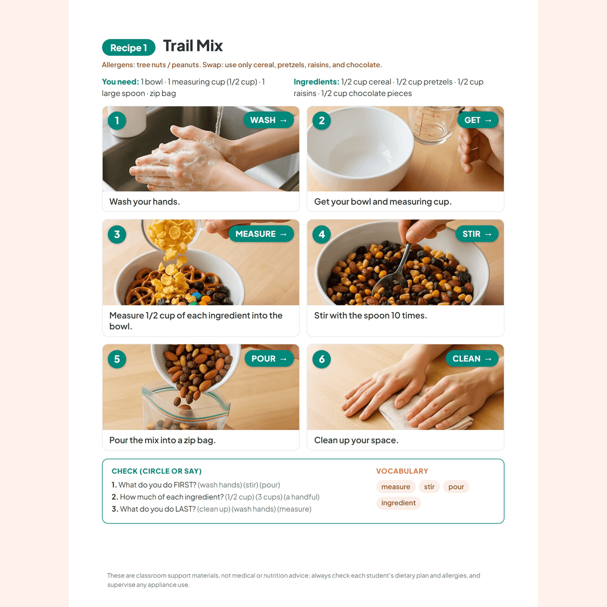 A no-cook snack visual recipe card from the bundle, with one clear step per panel and a real food photo