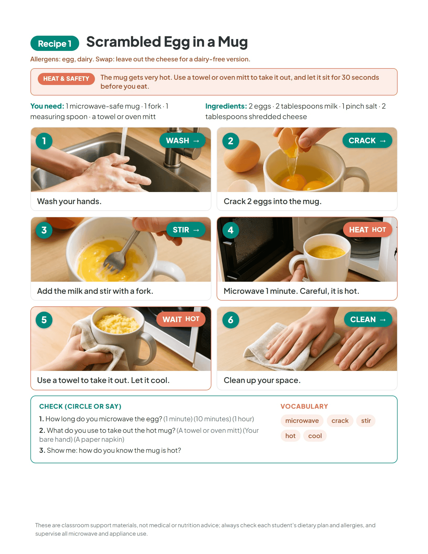 A microwave meal visual recipe card from the bundle, with numbered steps and the hot step called out