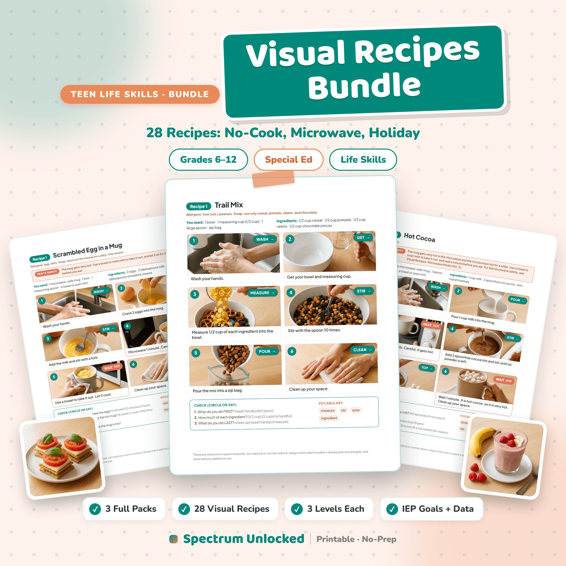 Visual Recipes Bundle for Teens cover, showing the three packs included: no-cook snacks, microwave meals, and the holiday edition