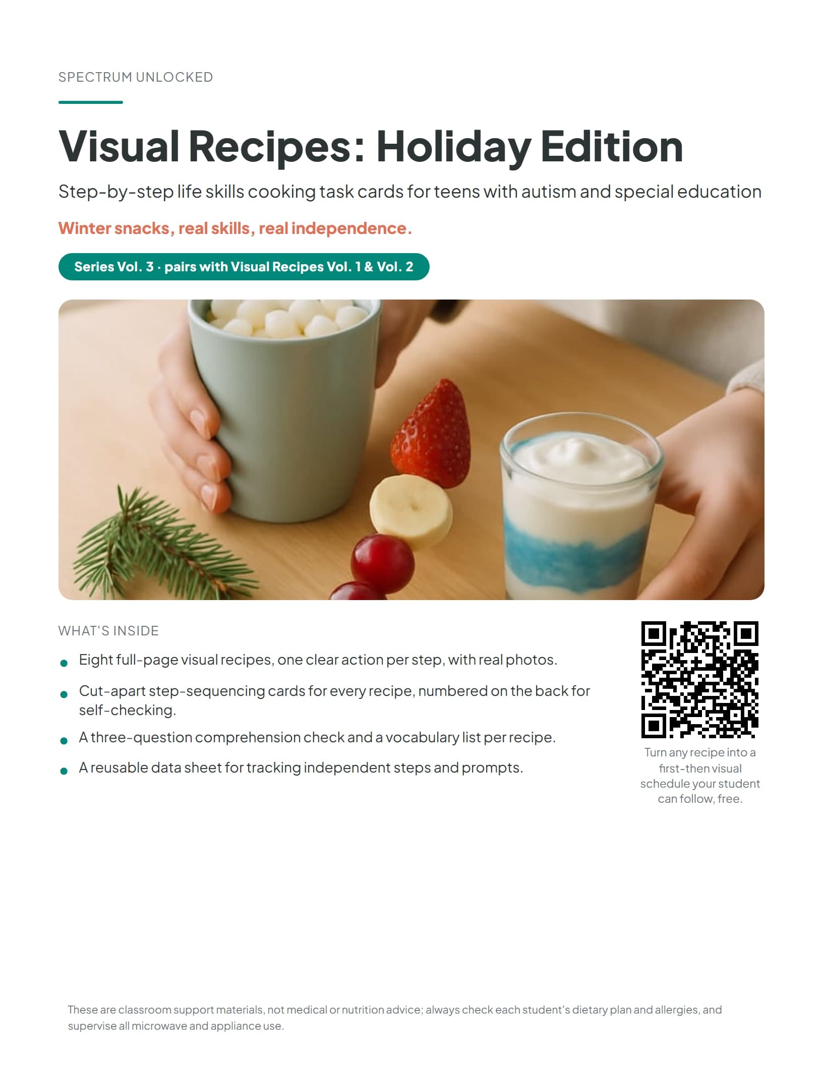 Visual Recipes Holiday Edition cover with teen hands making a winter snack and the pack title