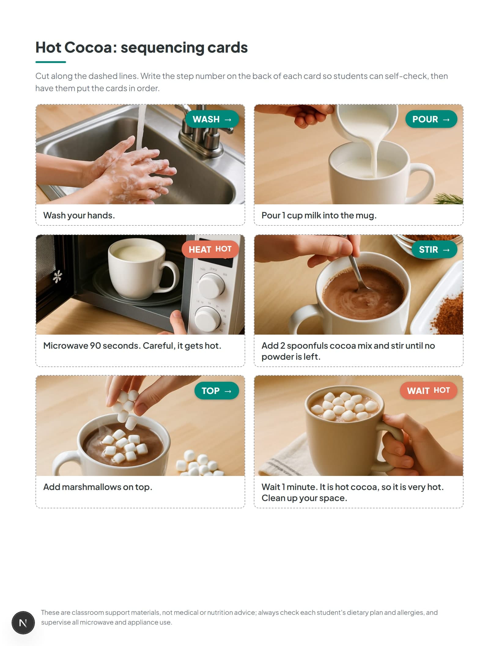 A heat and safety note on a microwave recipe page, pointing to the full microwave safety lesson in Volume 2