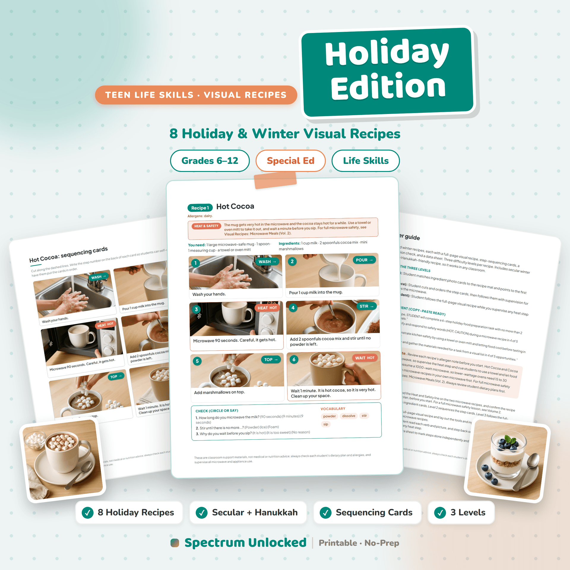 Visual Recipes Holiday Edition cover, eight holiday and winter recipes with sequencing cards at three levels