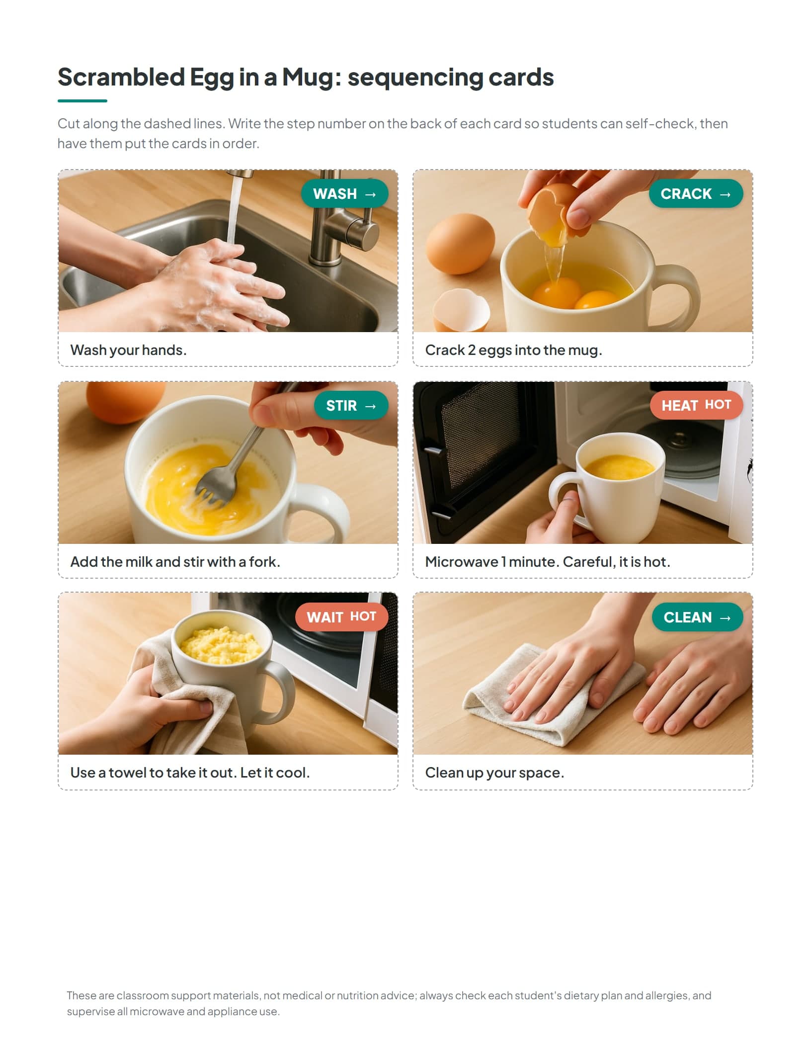 Cut-apart step sequencing cards for one microwave recipe, each showing a photo, an action word, and a short instruction
