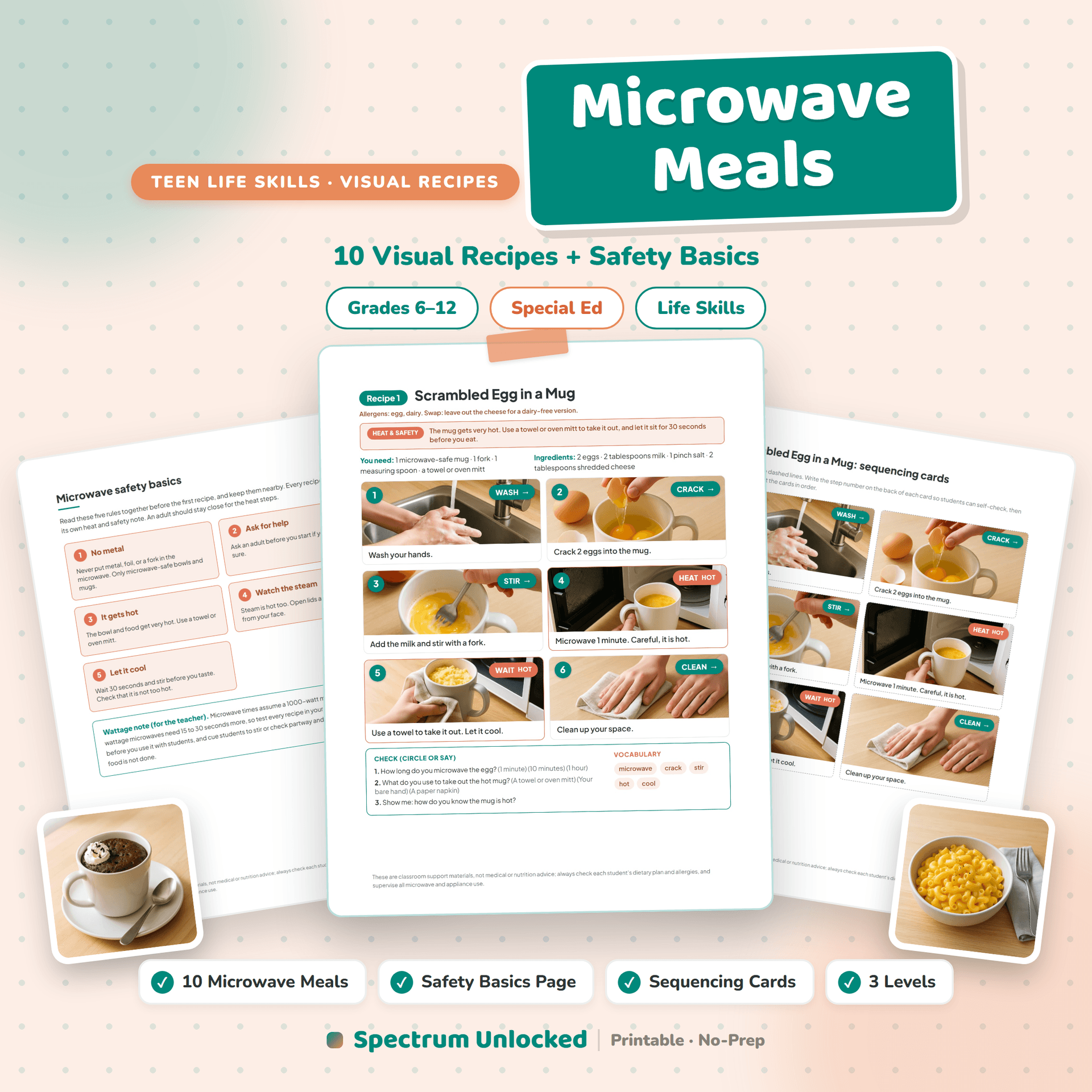Visual Recipes Microwave Meals cover, ten recipes plus a safety basics page, with sequencing cards at three levels