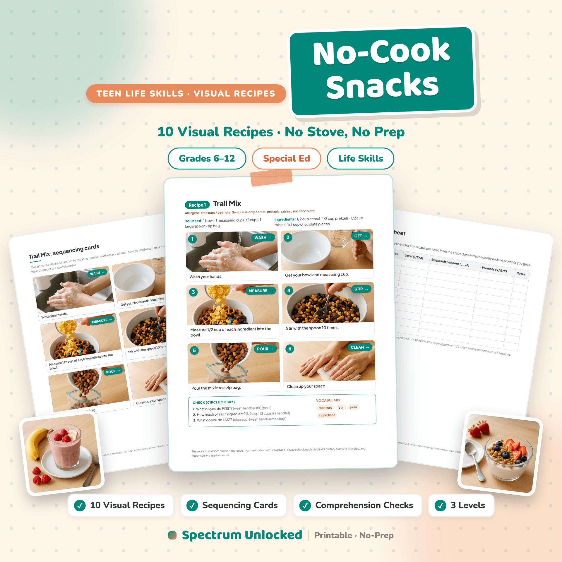 Visual Recipes No-Cook Snacks cover, ten recipes with no stove and no prep, with sequencing cards and comprehension checks