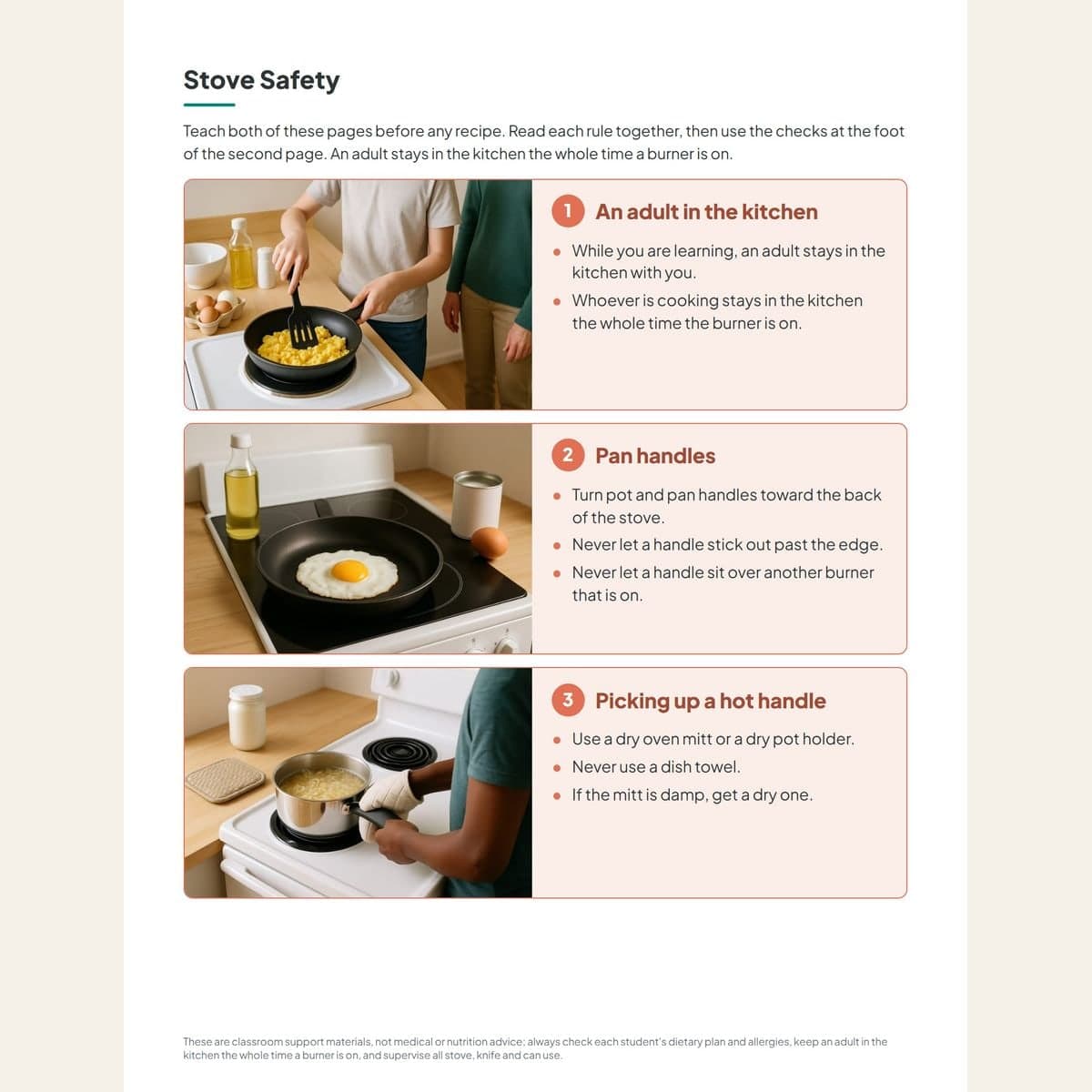 The first stove safety page showing three of the six rules, each with its own photo: an adult in the kitchen, turning pan handles toward the back of the stove, and picking up a hot handle with a dry oven mitt