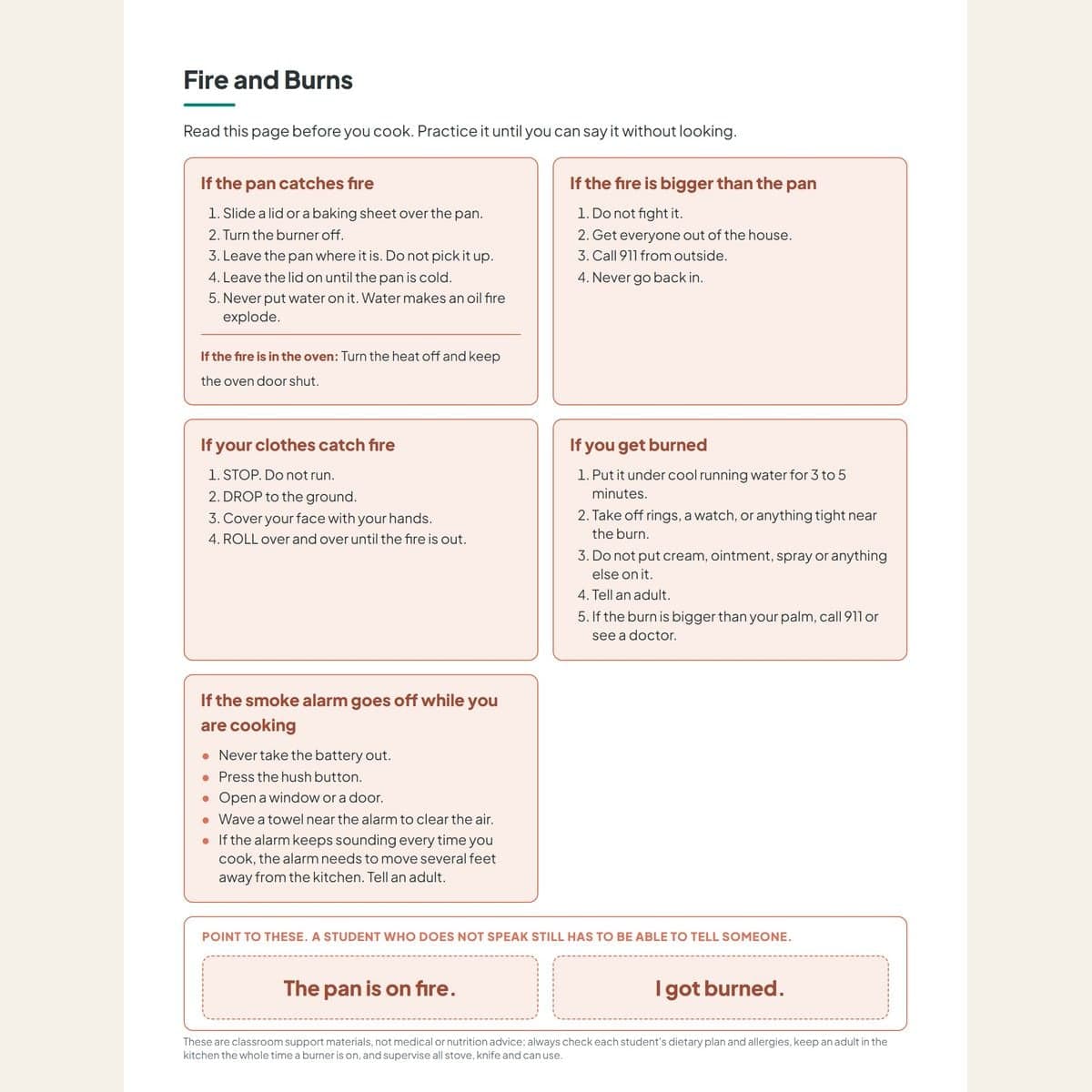 The fire and burn page showing the slide a lid on, turn the burner off, leave it sequence and the burn first aid steps