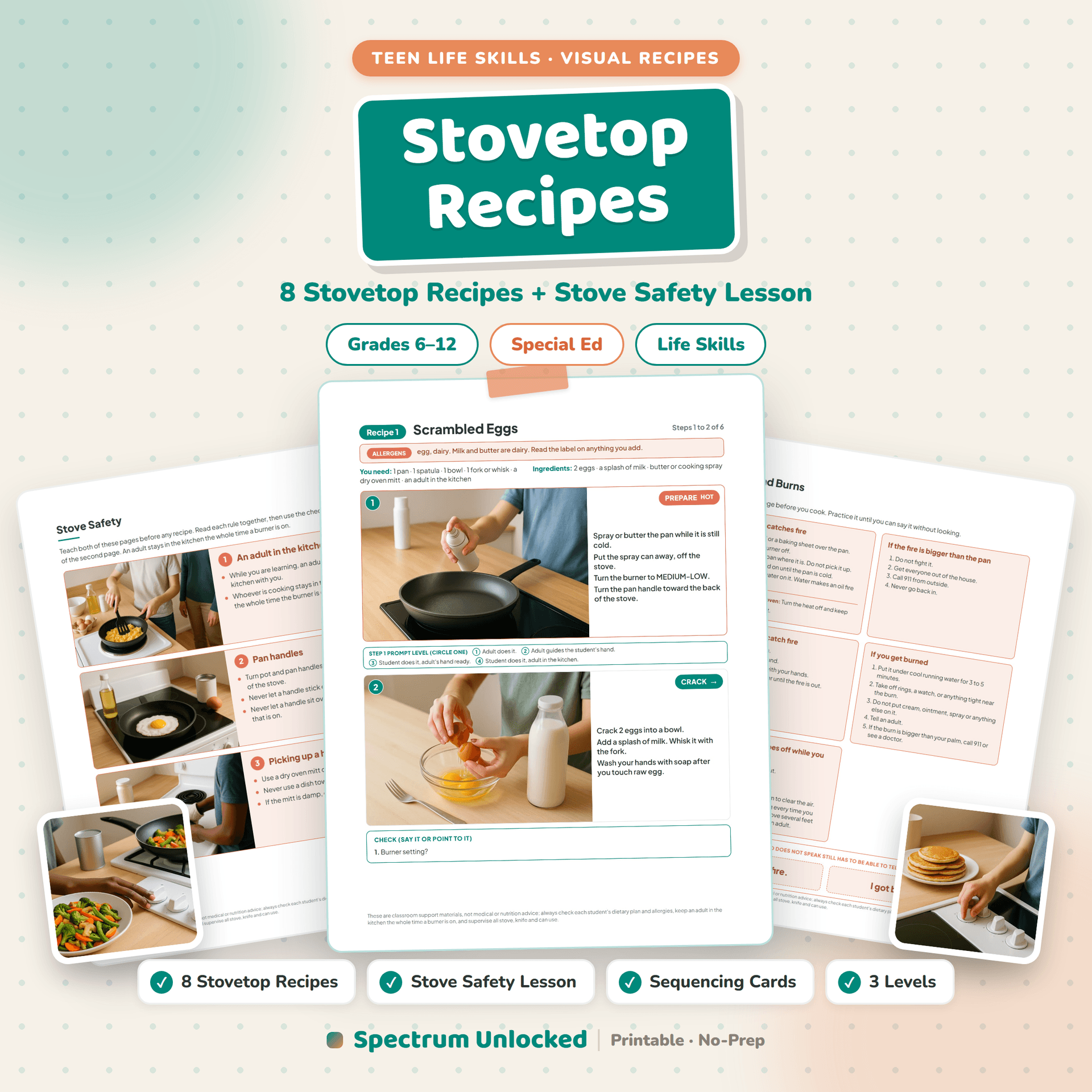 Visual Recipes 8 Stovetop Recipes cover, eight recipes plus a stove safety lesson and a fire and burn page