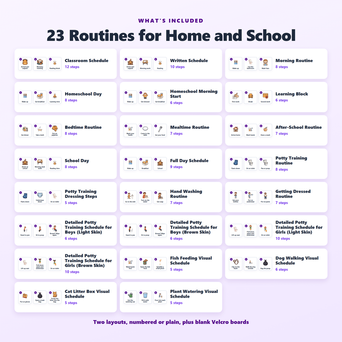 What is included in the Visual Schedule Pack, laid out sheet by sheet