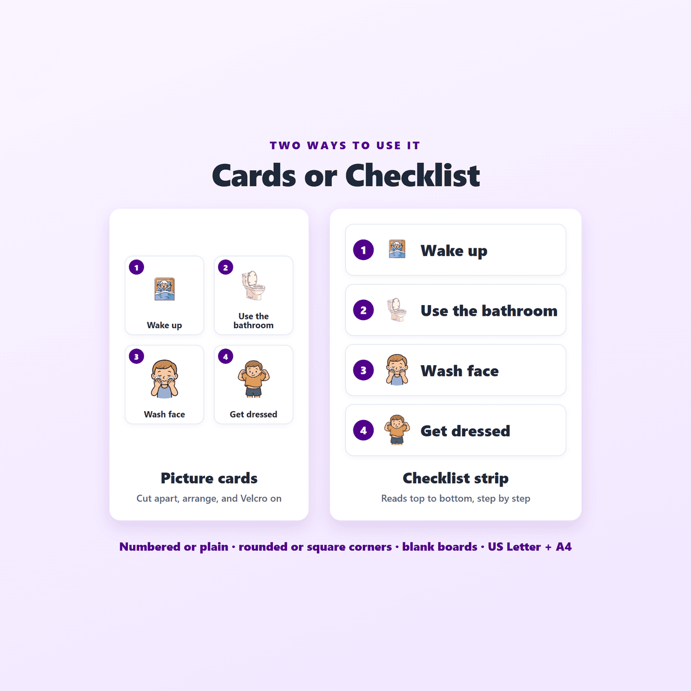 US Letter and A4 print formats included in the Visual Schedule Pack