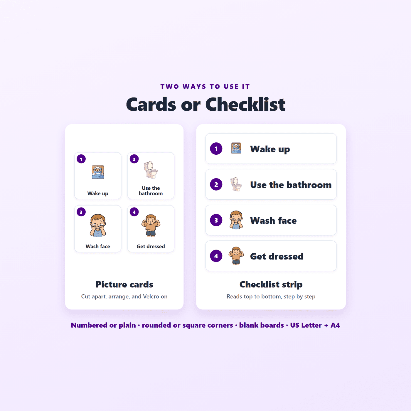 US Letter and A4 print formats included in the Visual Schedule Pack