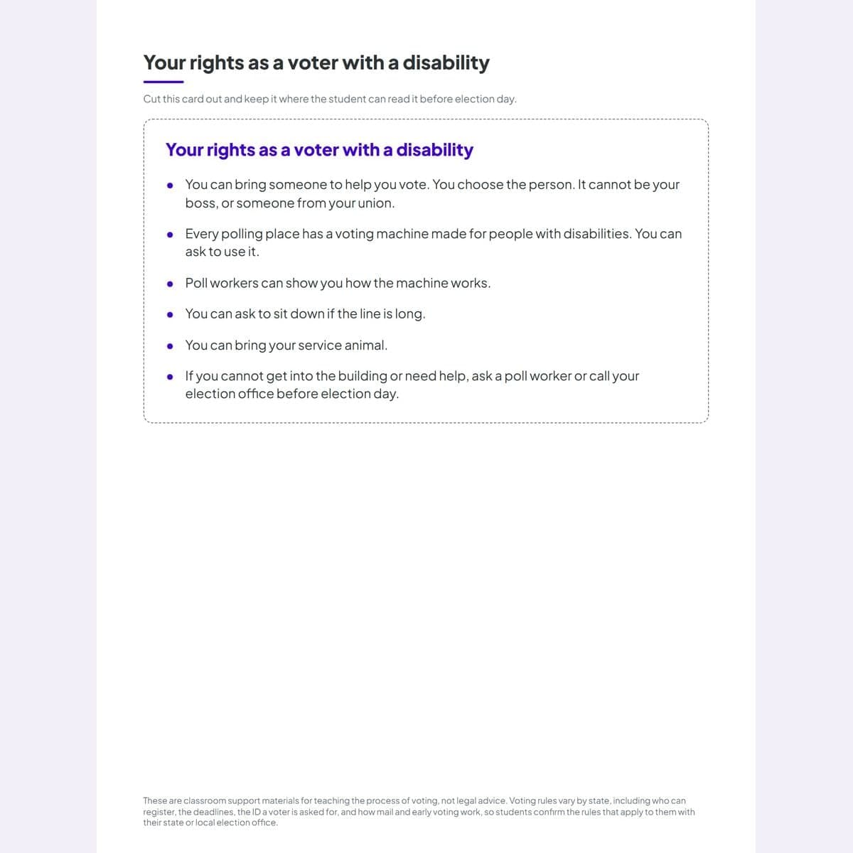 The rights card for voters with disabilities from the free sample