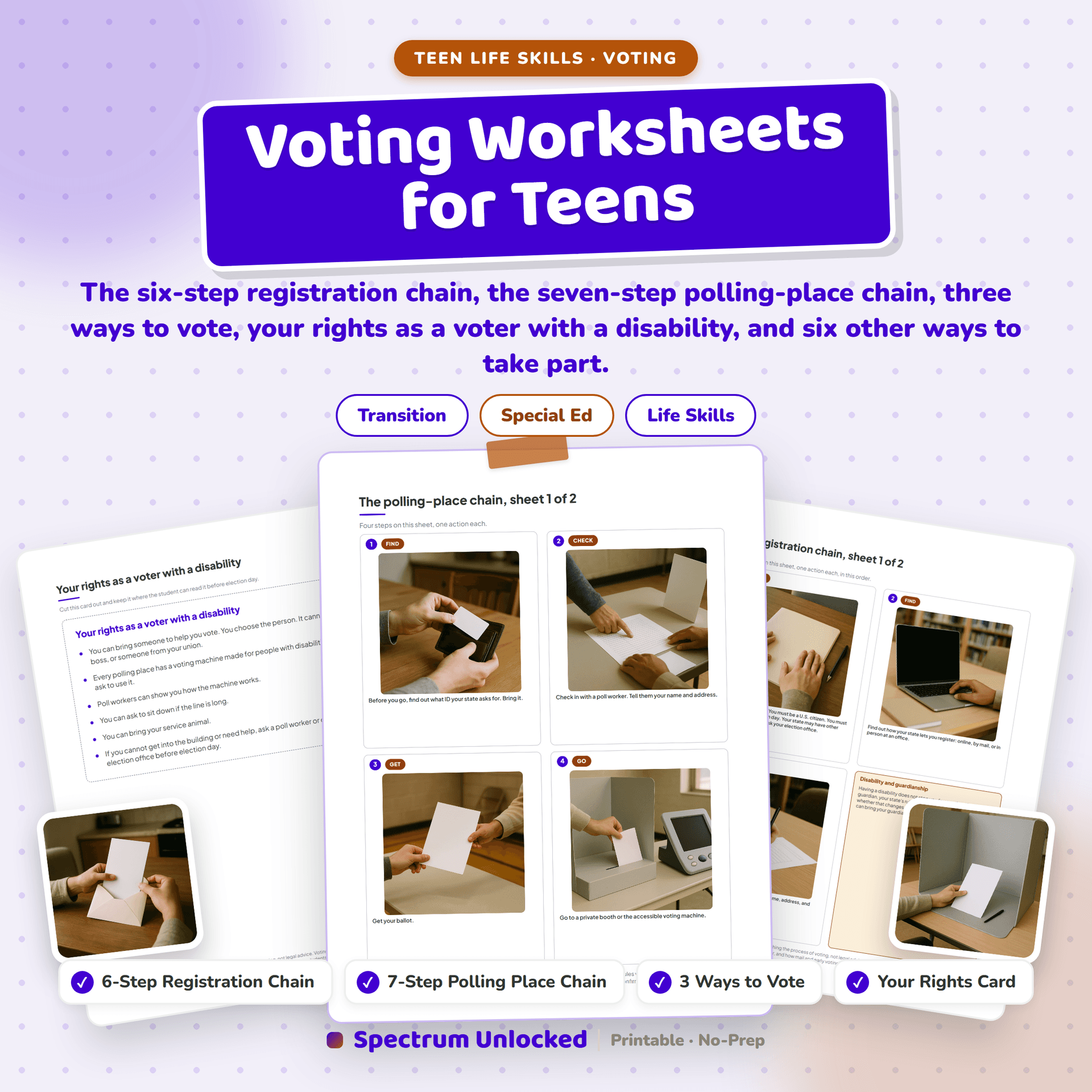 Voting Worksheets for Teens cover, showing the polling-place chain, the rights card and the registration chain