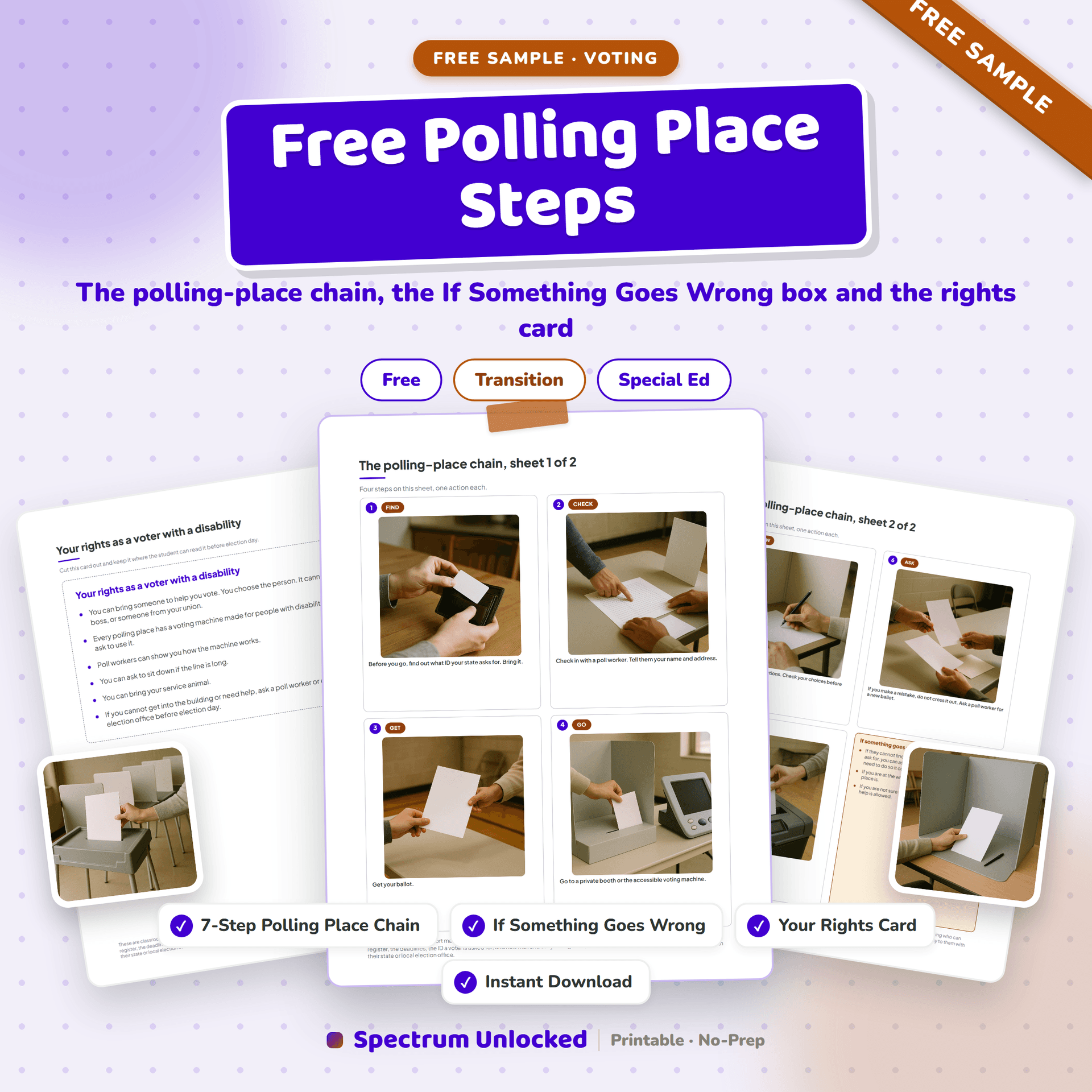 Free Polling Place Steps sample cover, showing the polling-place chain and the rights card