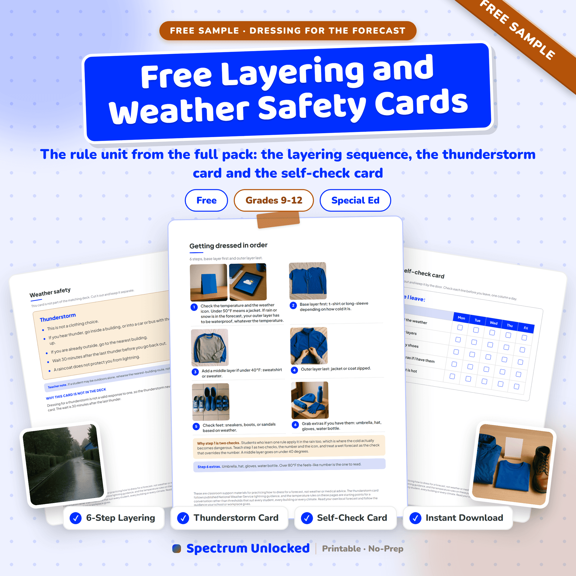 Free Layering and Weather Safety Cards for Teens sample cover, showing the layering sequence and the safety card