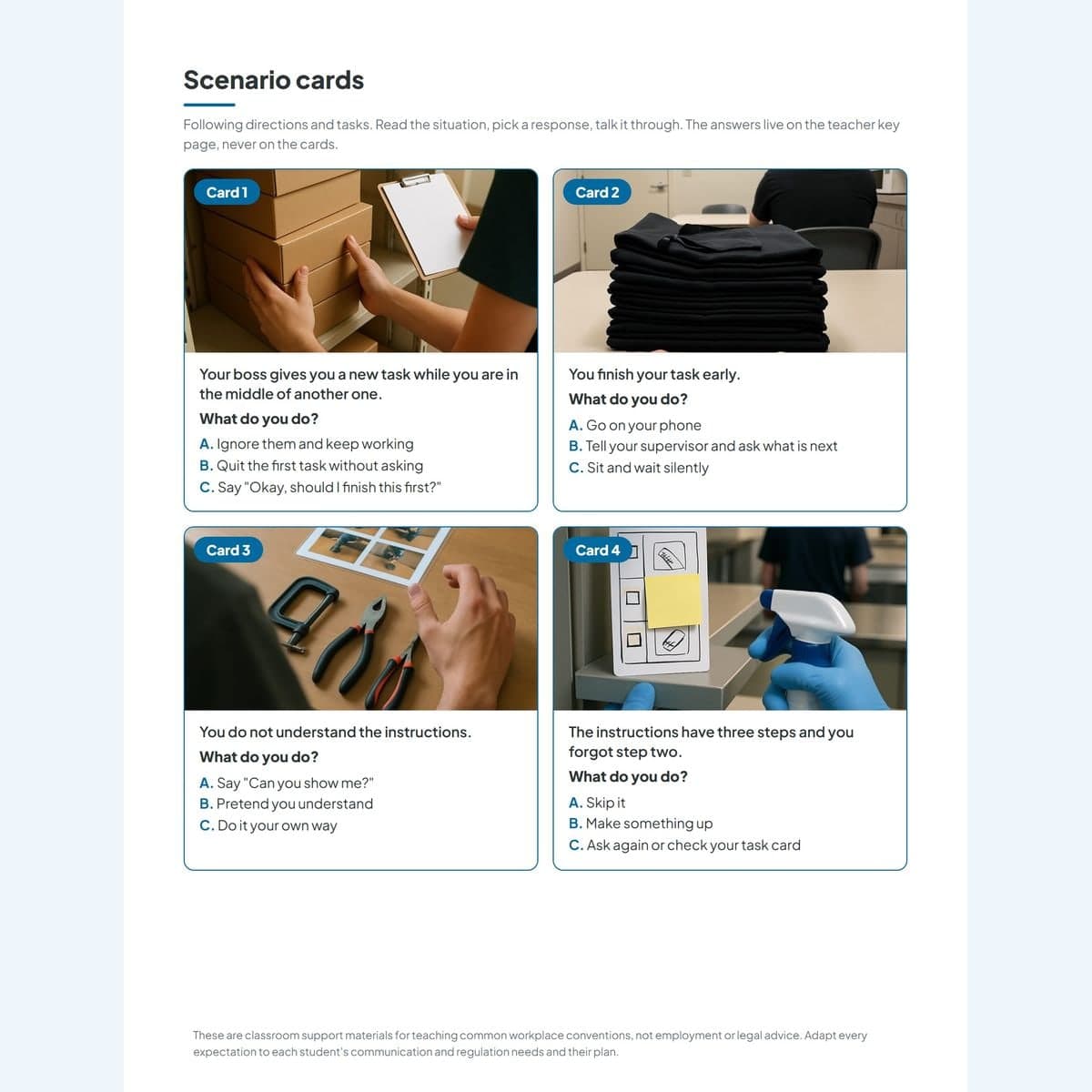 Workplace scenario cards from the free sample, each with a photo, situation, and three responses