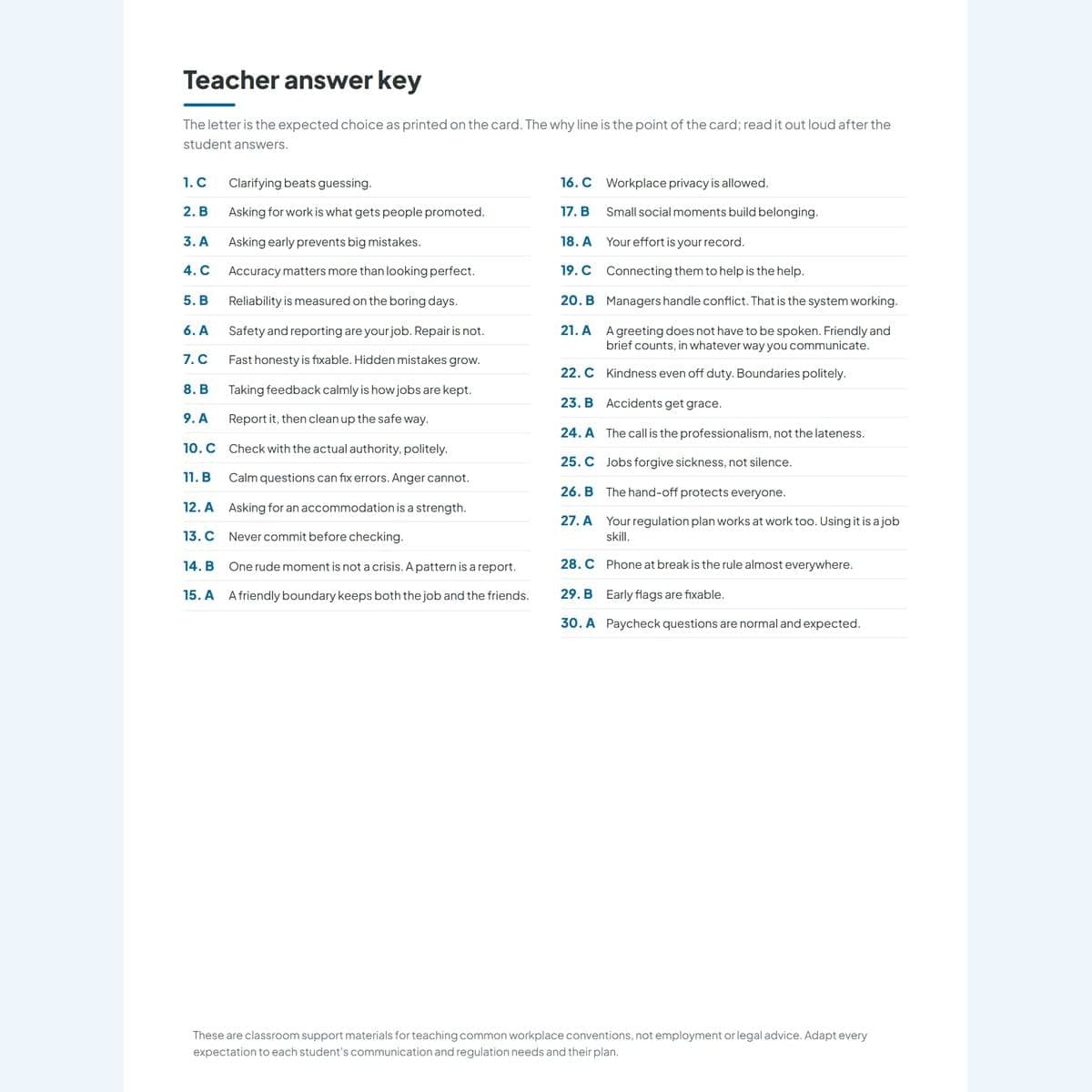 The teacher answer key page listing every card with its expected choice and the why line
