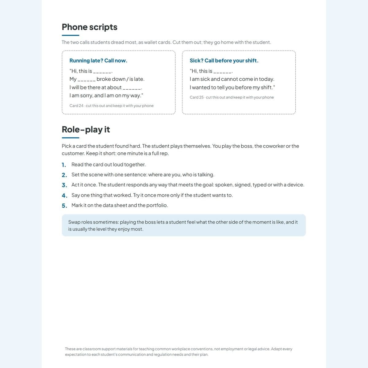 The phone script wallet cards and role-play page, with steps for acting out a hard card