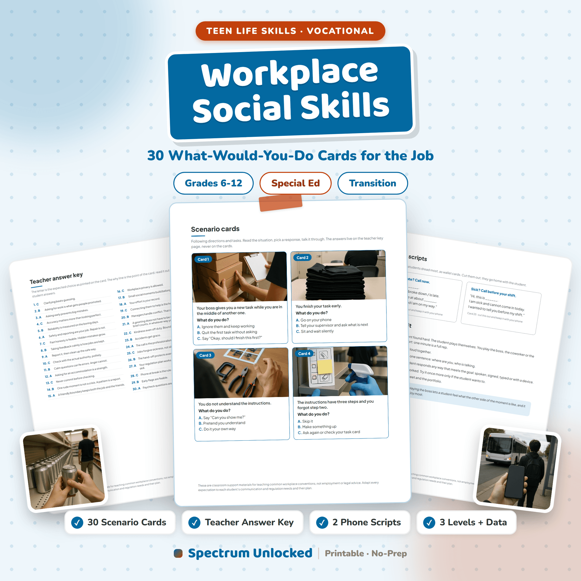 Workplace Social Skills Scenario Cards cover: thirty what-would-you-do cards for the job, choose it, explain it, role-play it