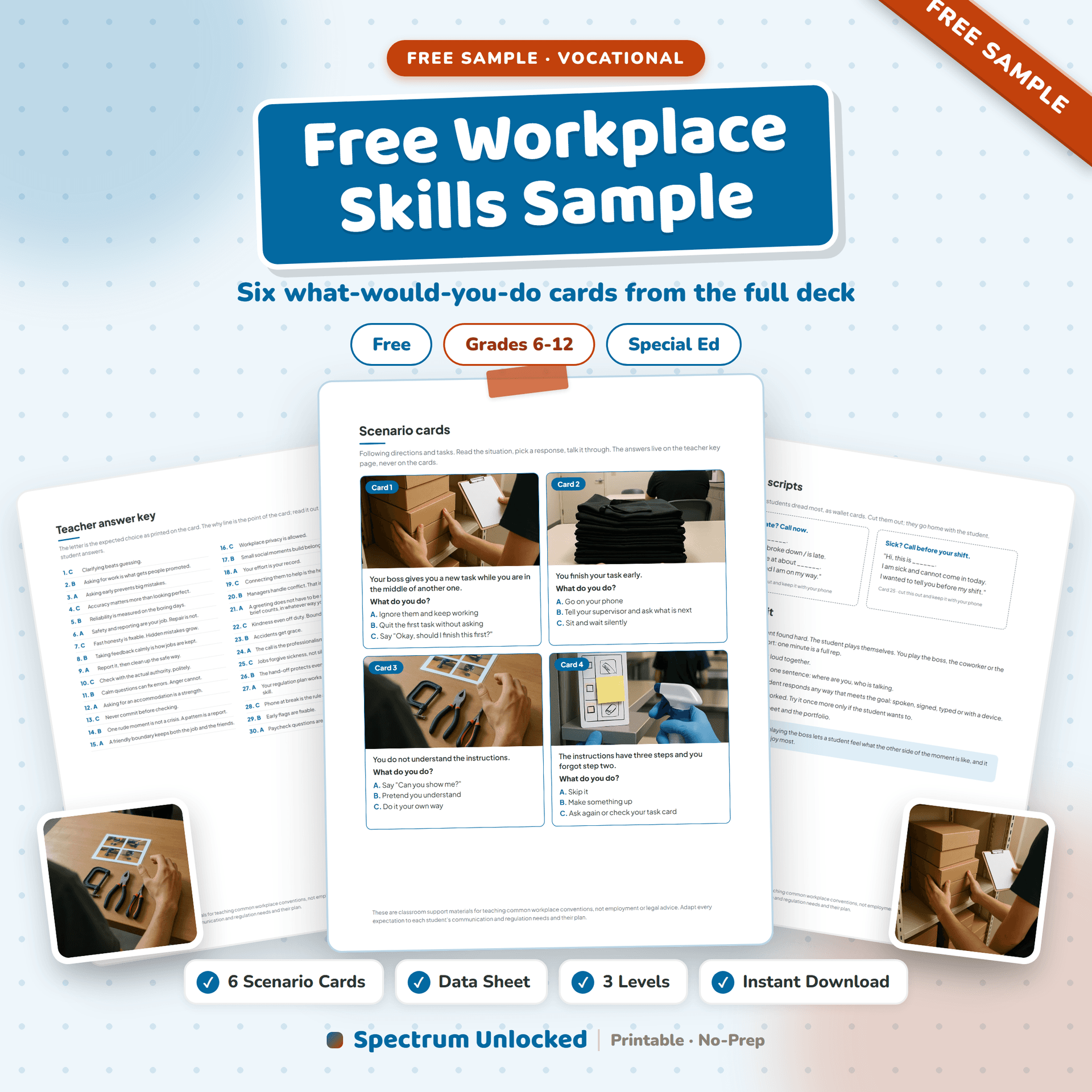 Workplace Social Skills Scenario Cards free sample cover