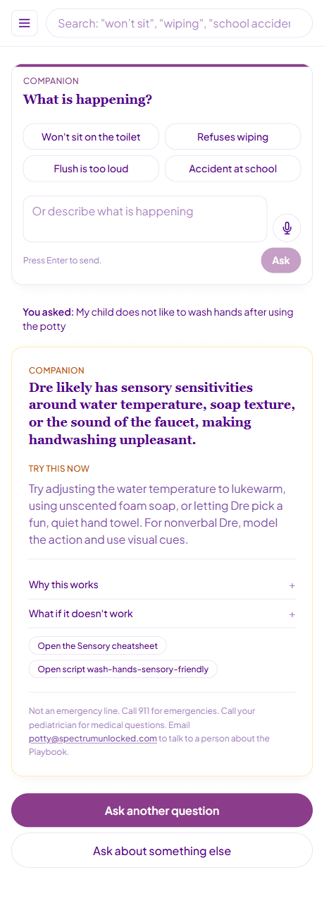The Companion answering a parent's question: a one-line read of what is happening, what to try now, why it works, and what to do if it does not.