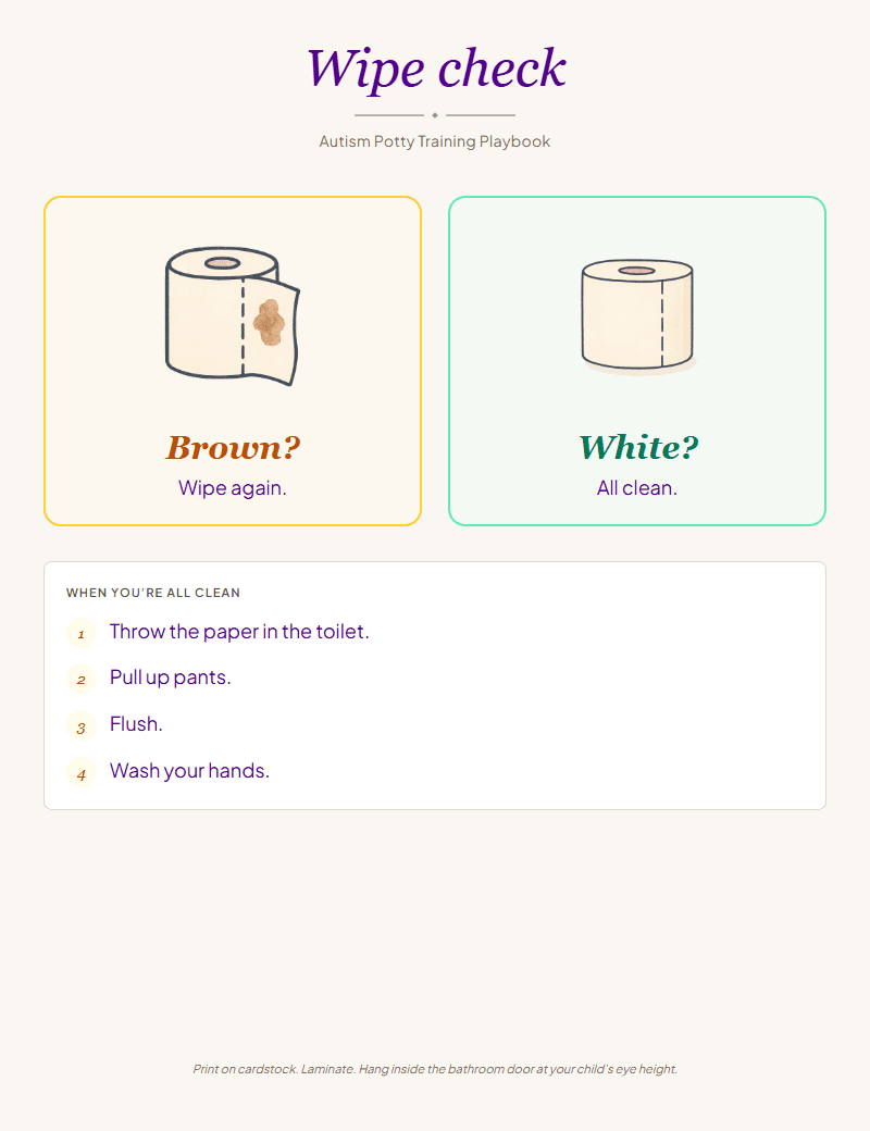 The wipe-check printable: brown means wipe again, white means all clean, then throw the paper away, pull up, flush, and wash hands.