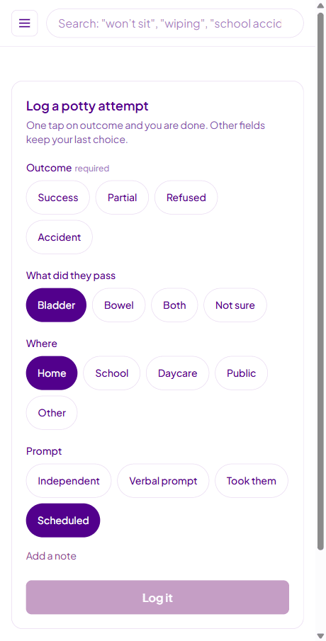 The Tracker log screen: one tap to record the outcome, what they passed, where, and the prompt level, then a Log it button.