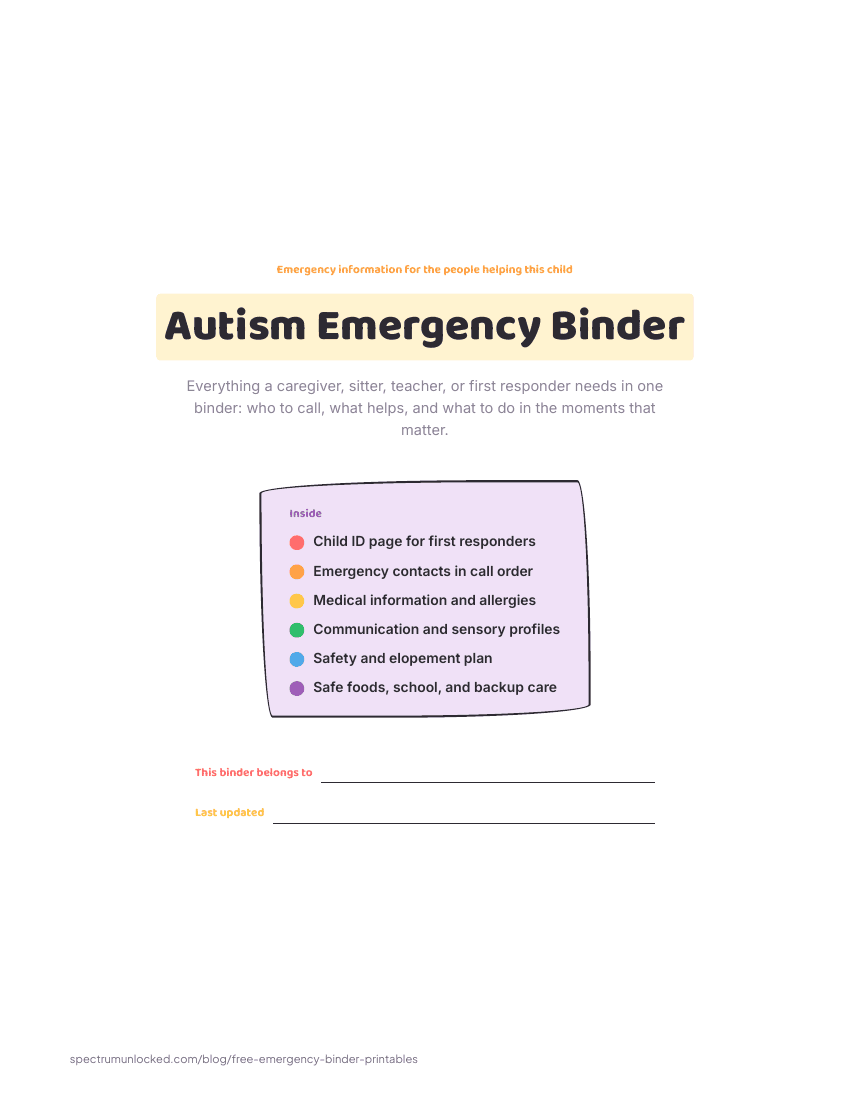Cover page of the free printable Autism Emergency Binder