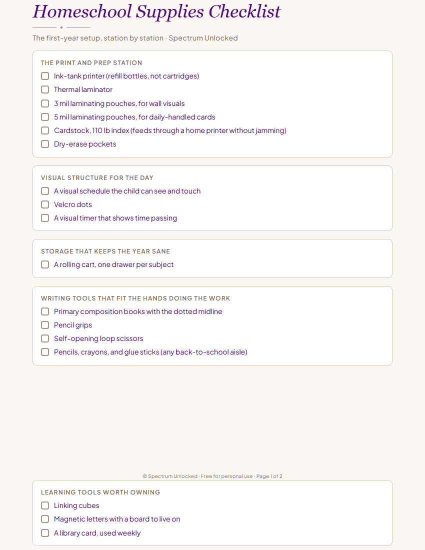 Printable homeschool supplies checklist organized by station with checkboxes