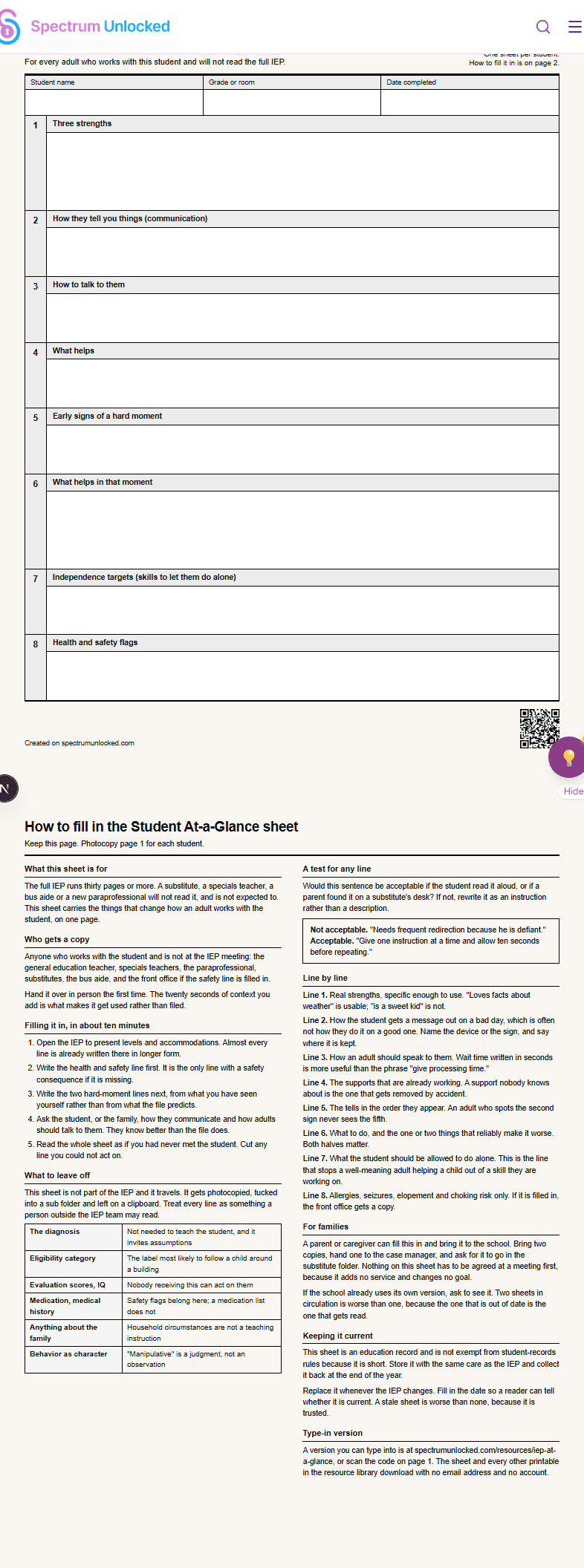 Printable one-page IEP at a glance student summary sheet