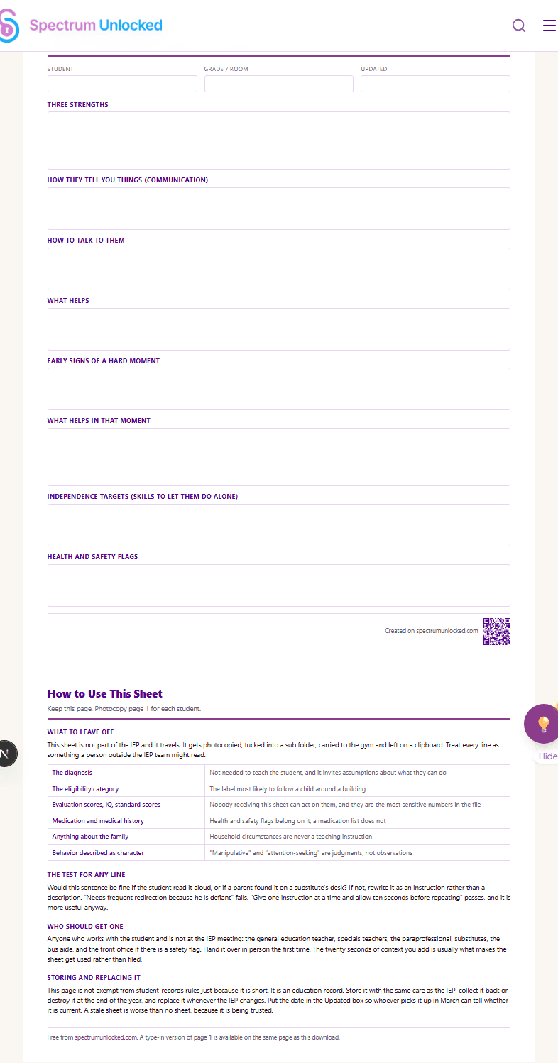 Printable one-page IEP at a glance student summary sheet