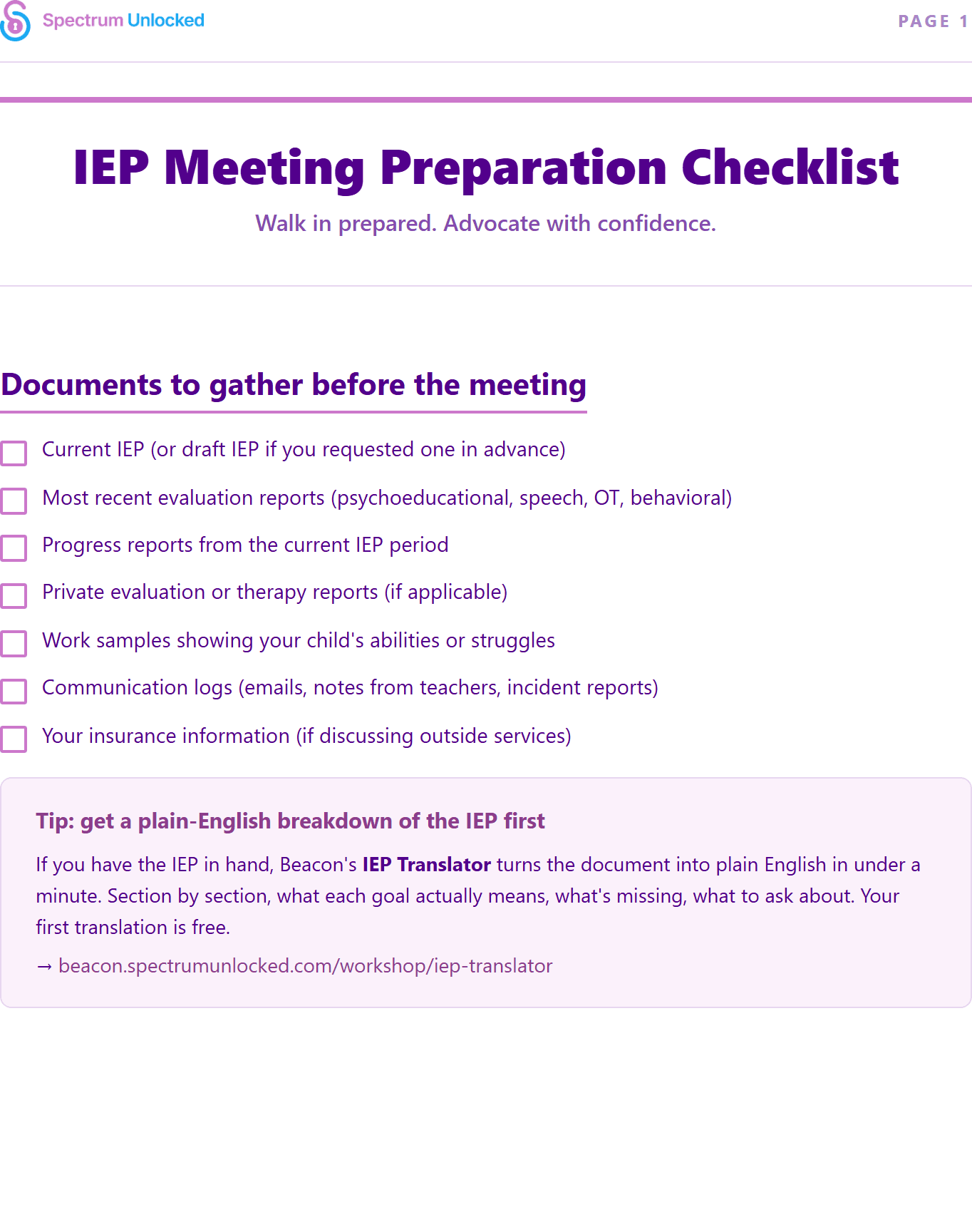 Printable IEP meeting preparation checklist for parents