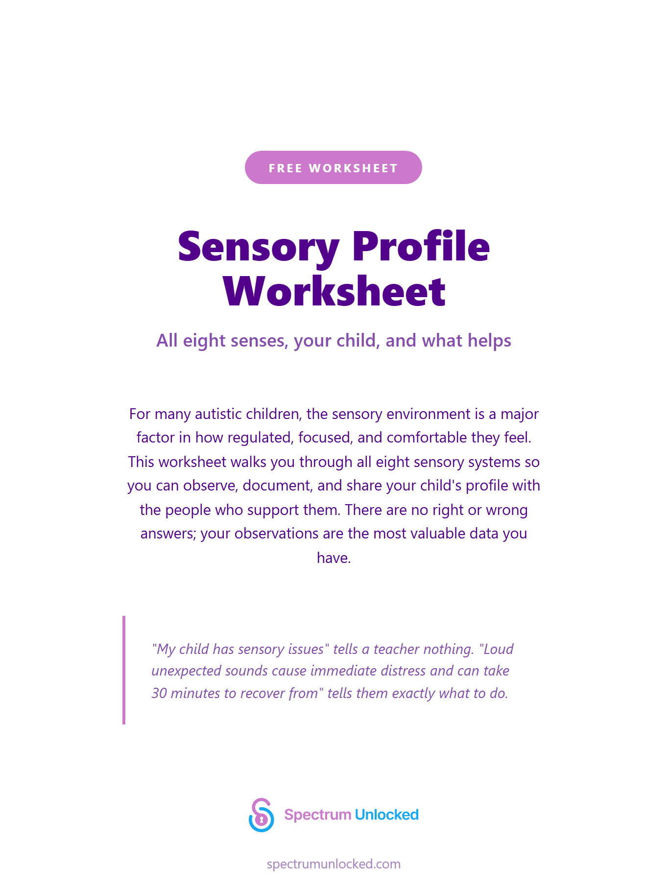 Printable sensory profile worksheet for autism covering all eight senses