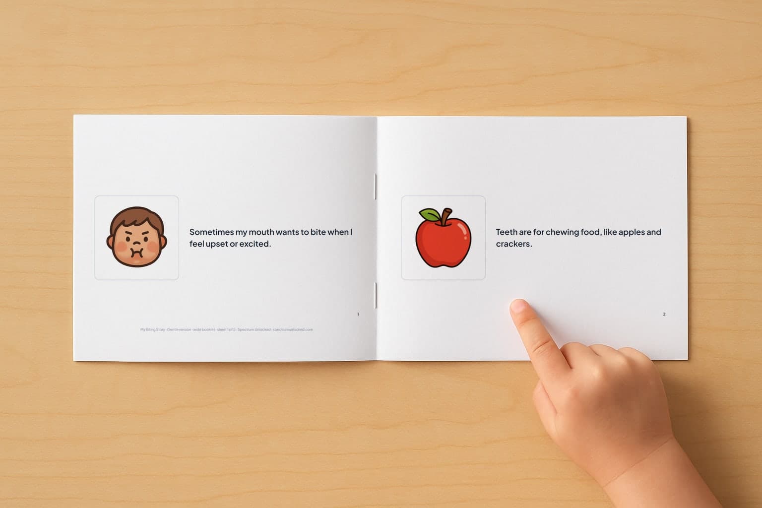 The Biting social story booklet open to its first two pages, a child's finger pointing at the picture