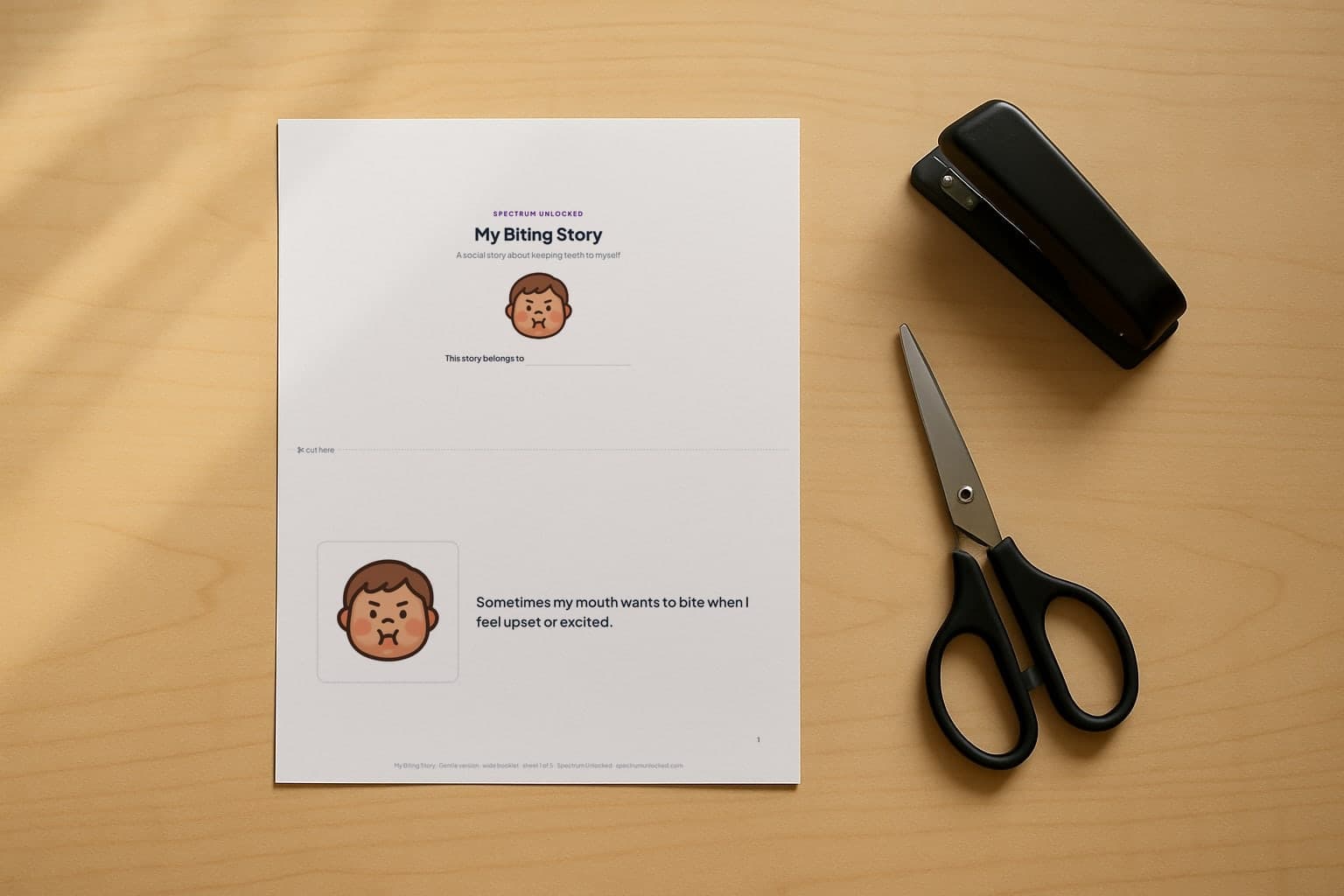The Biting social story printed two pages to a Letter sheet, scissors and a stapler beside it before the cut