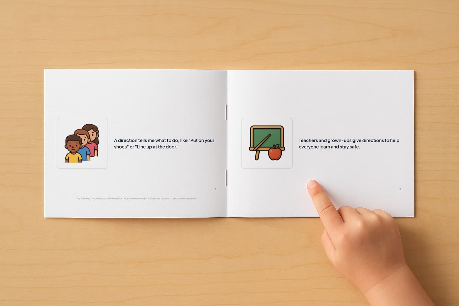 The Following Directions social story booklet open to its first two pages, a child's finger pointing at the picture