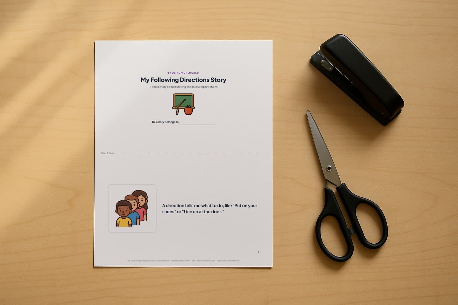 The Following Directions social story printed two pages to a Letter sheet, scissors and a stapler beside it before the cut