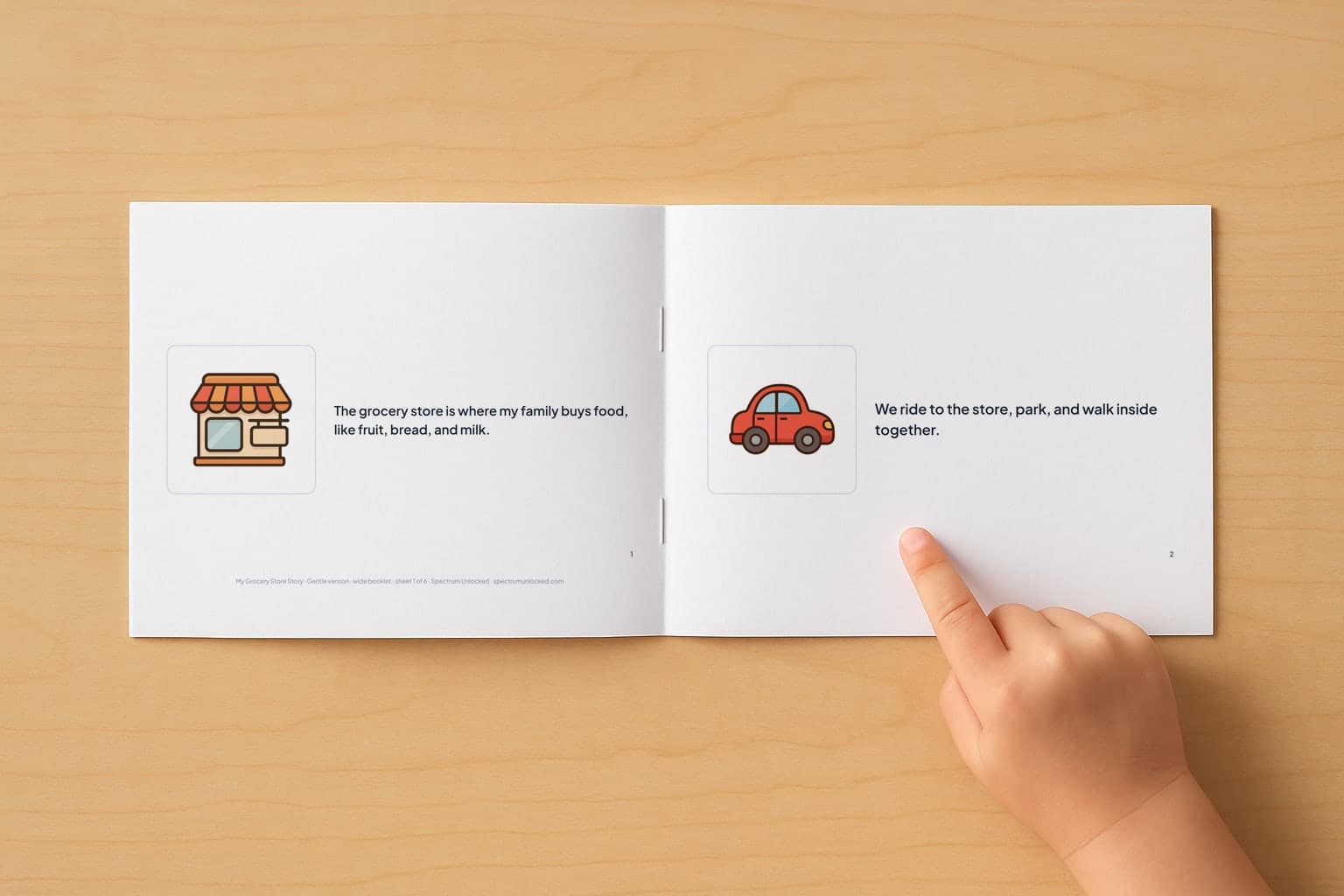 The Going to the Grocery Store social story booklet open to its first two pages, a child's finger pointing at the picture
