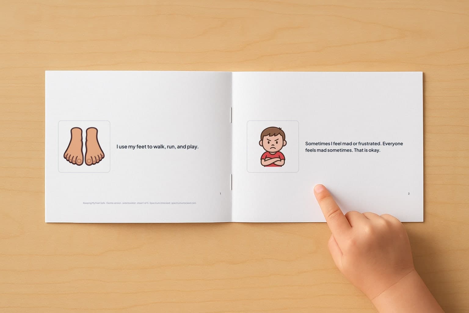 The When I Feel Like Kicking social story booklet open to its first two pages, a child's finger pointing at the picture