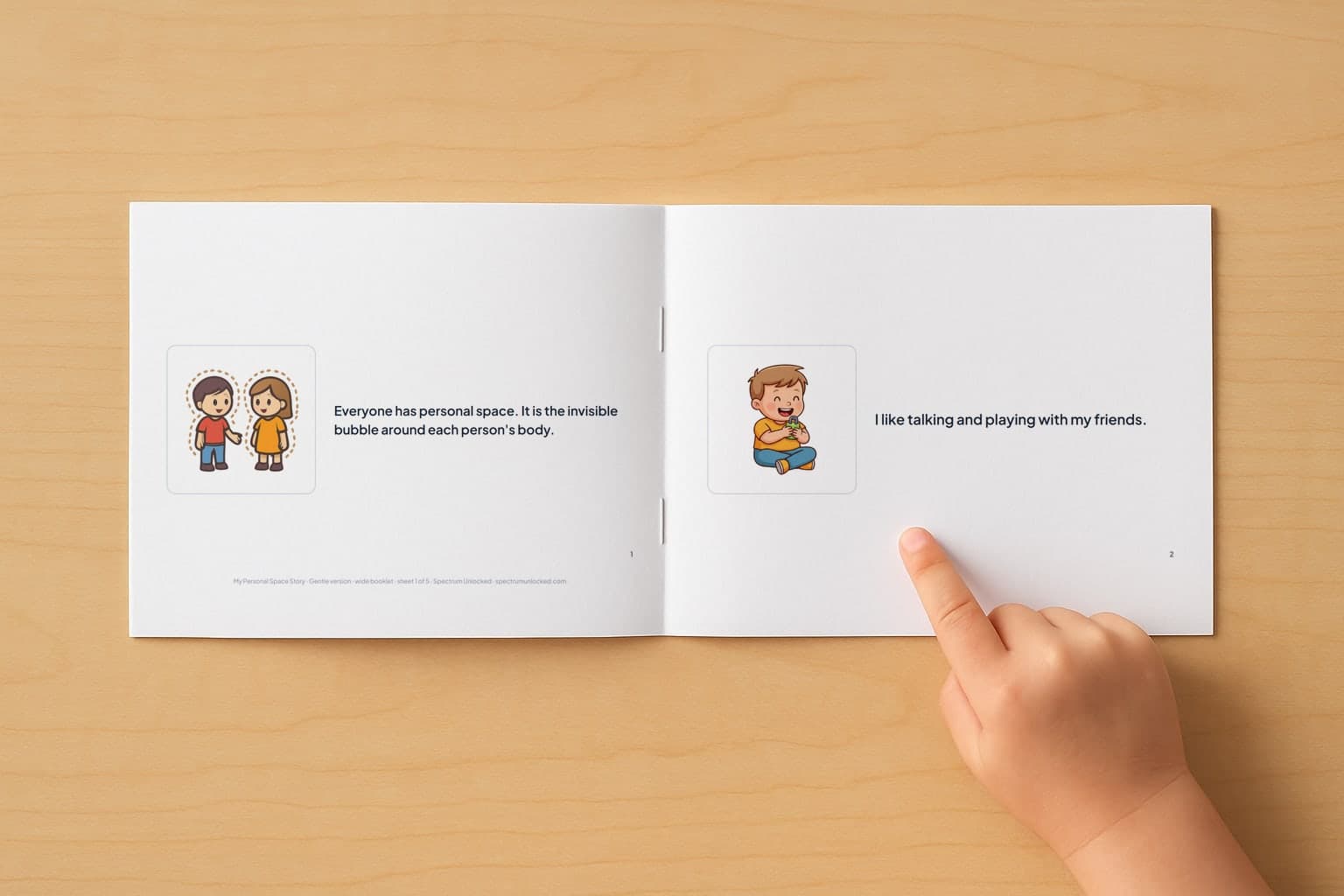 The Personal Space social story booklet open to its first two pages, a child's finger pointing at the picture
