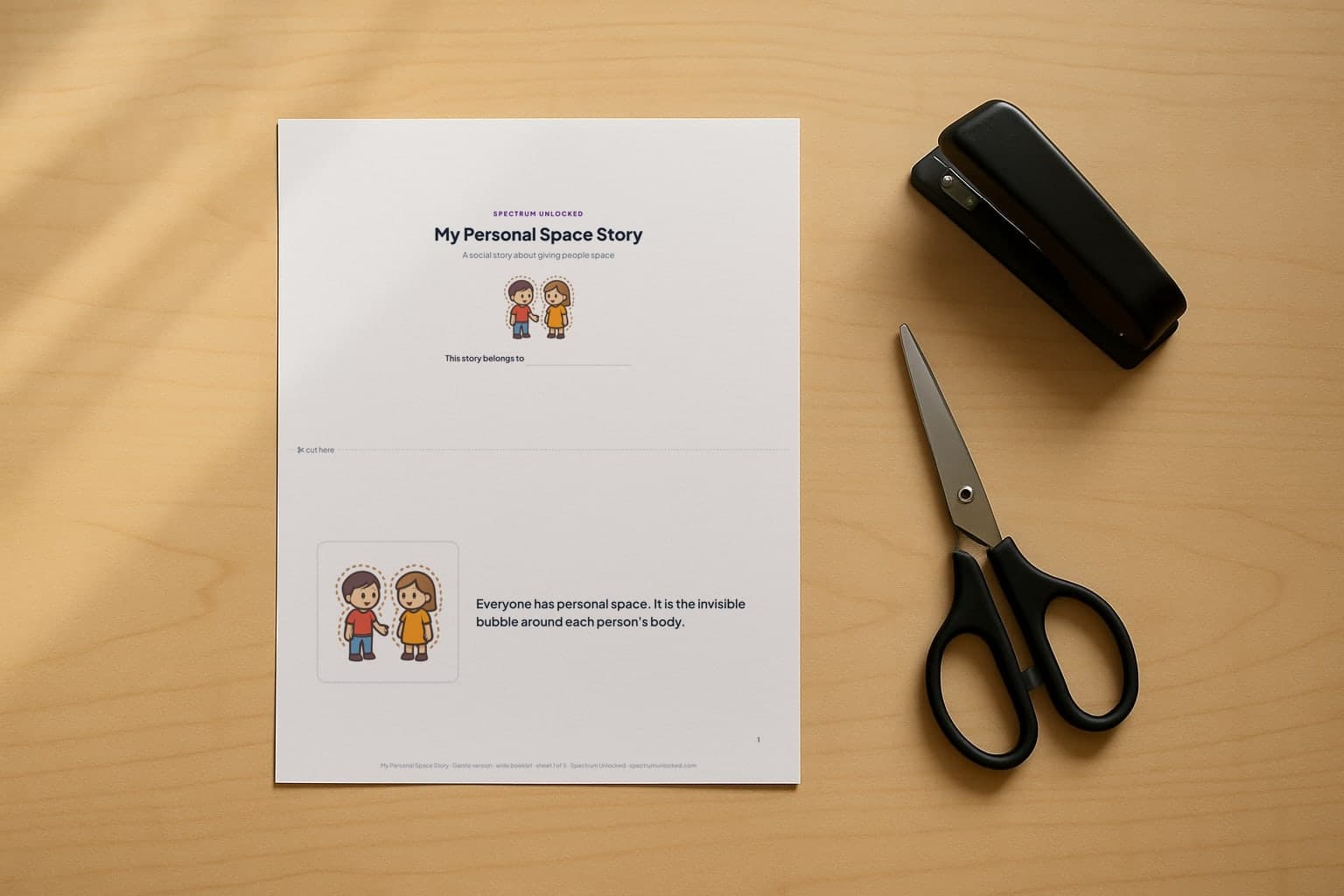 The Personal Space social story printed two pages to a Letter sheet, scissors and a stapler beside it before the cut