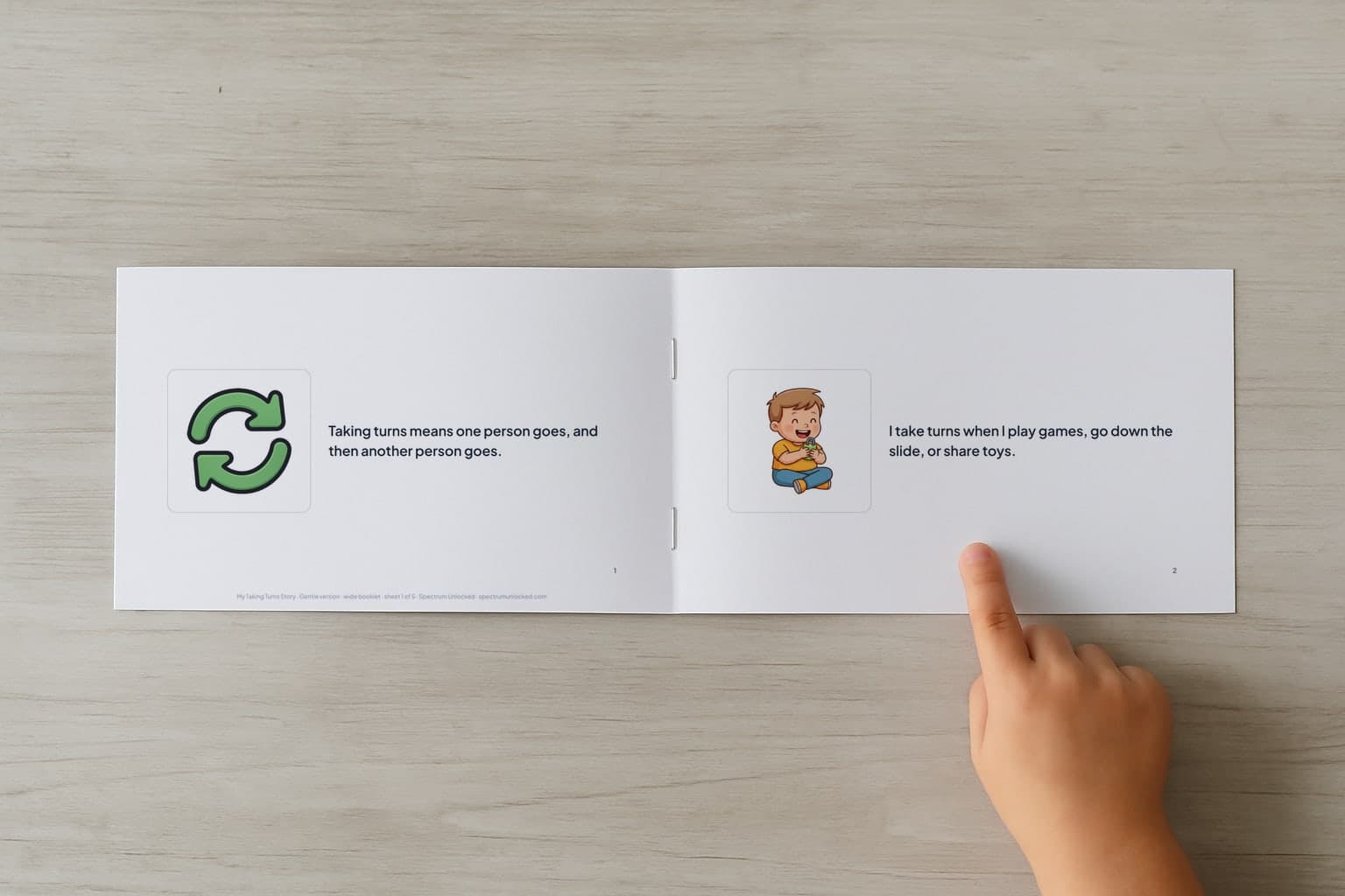 The Taking Turns social story booklet open to its first two pages, a child's finger pointing at the picture