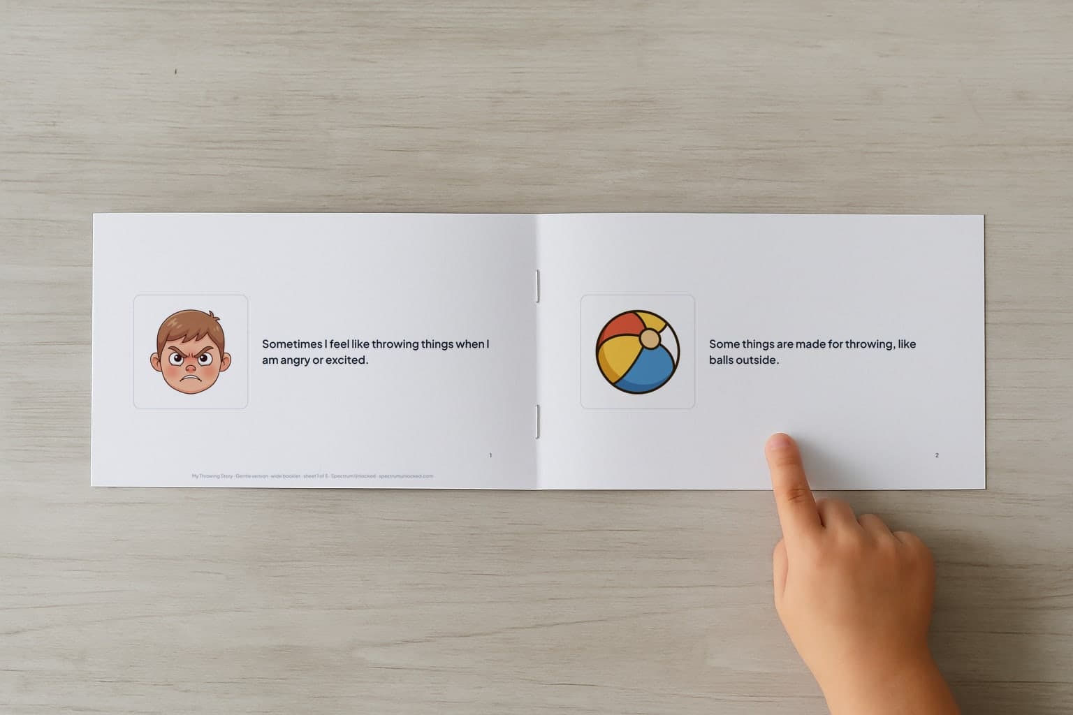 The Throwing Things social story booklet open to its first two pages, a child's finger pointing at the picture