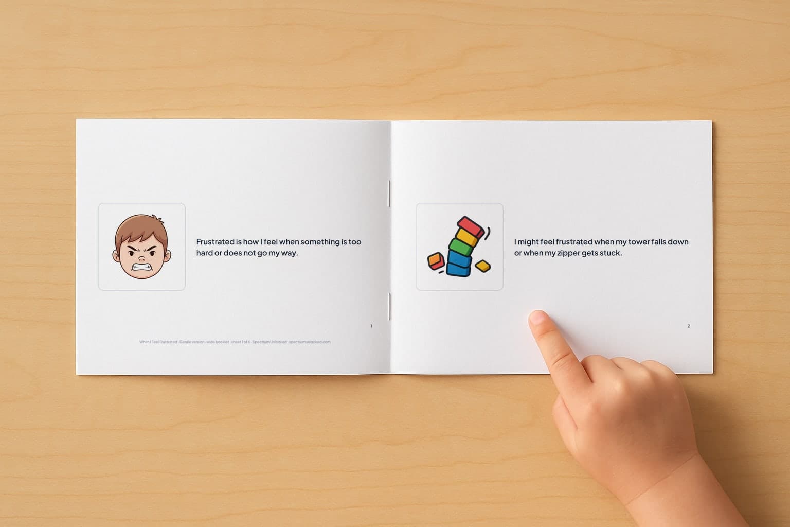 The When I Feel Frustrated social story booklet open to its first two pages, a child's finger pointing at the picture