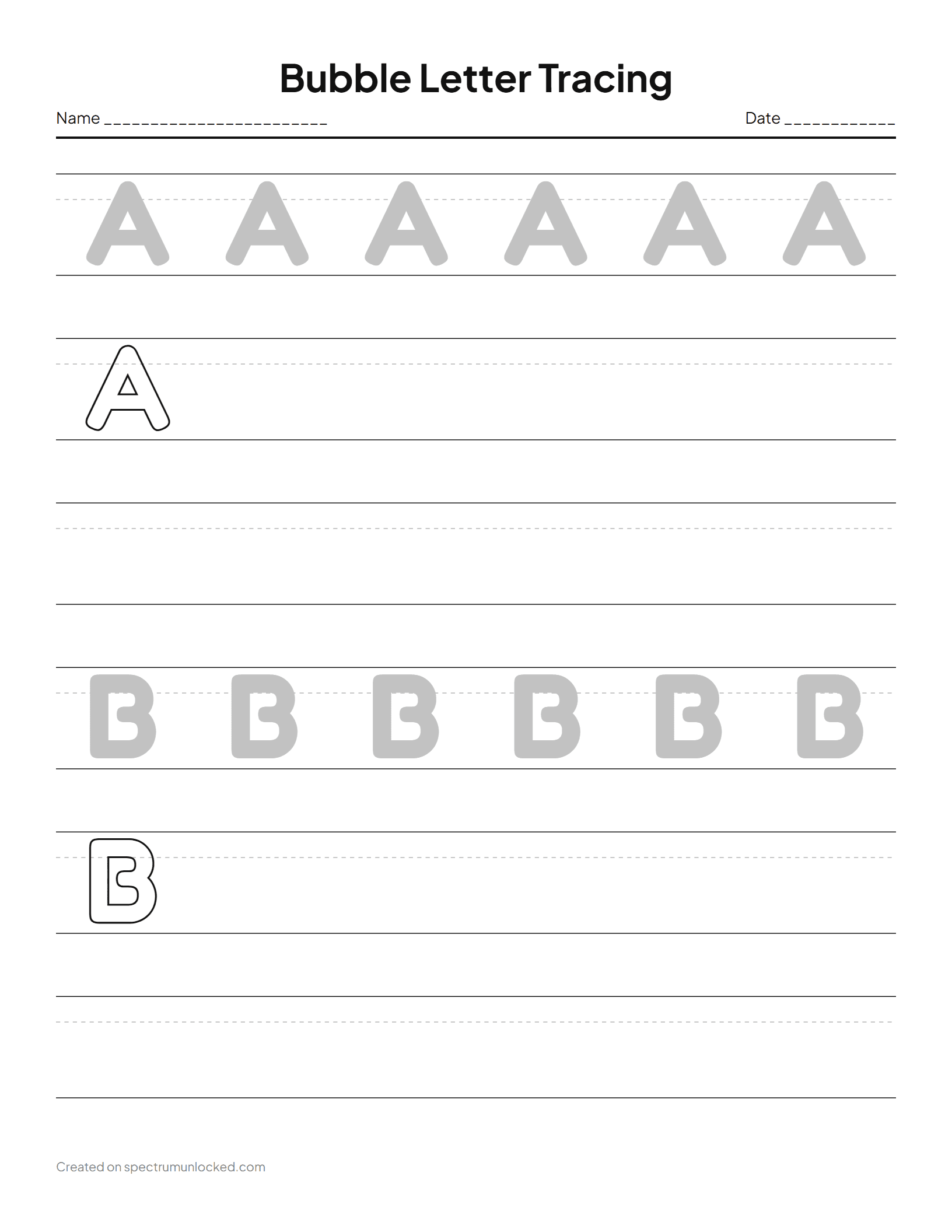 Bubble Letter Worksheets: preview of a sample sheet from the maker