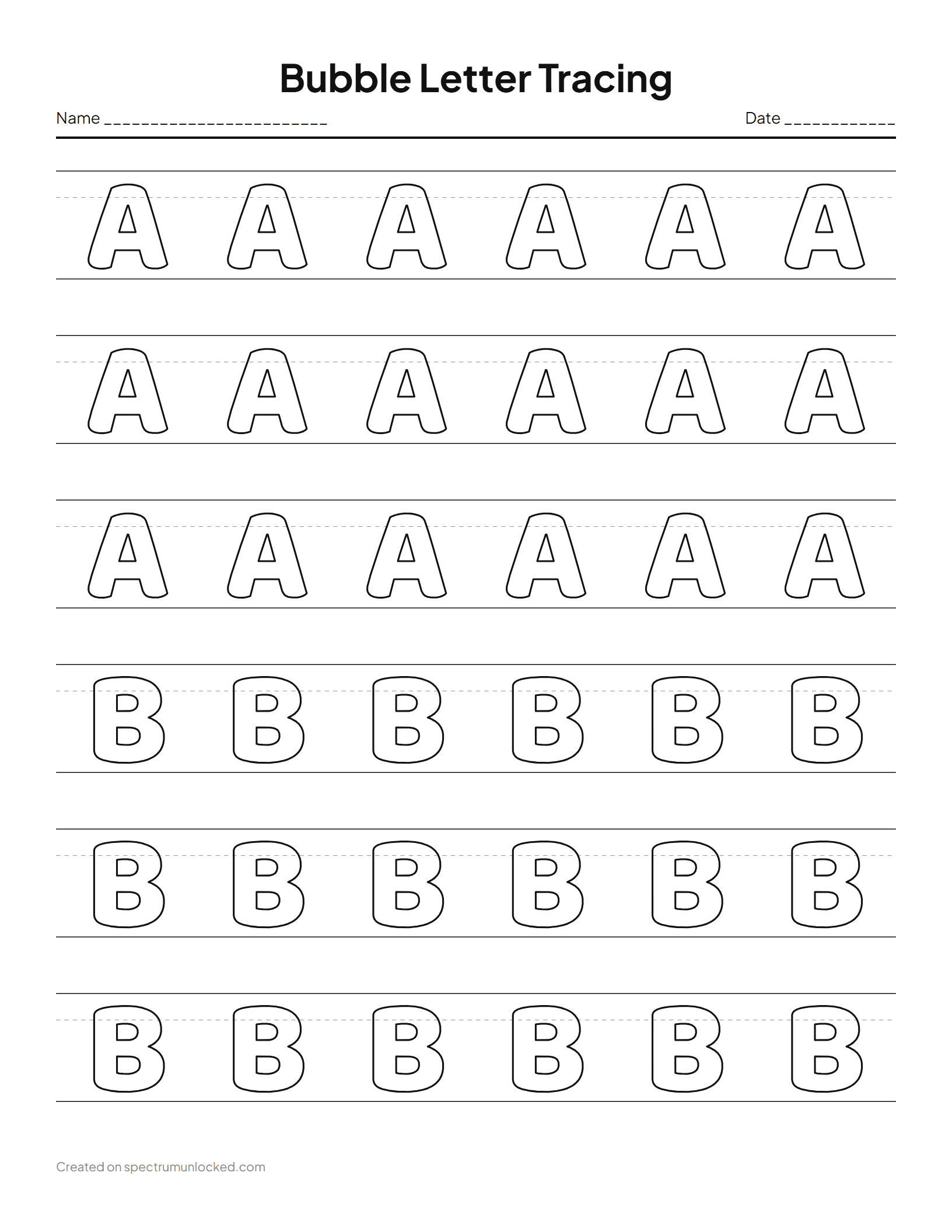 Bubble Letter Worksheets: preview of a sample sheet from the maker