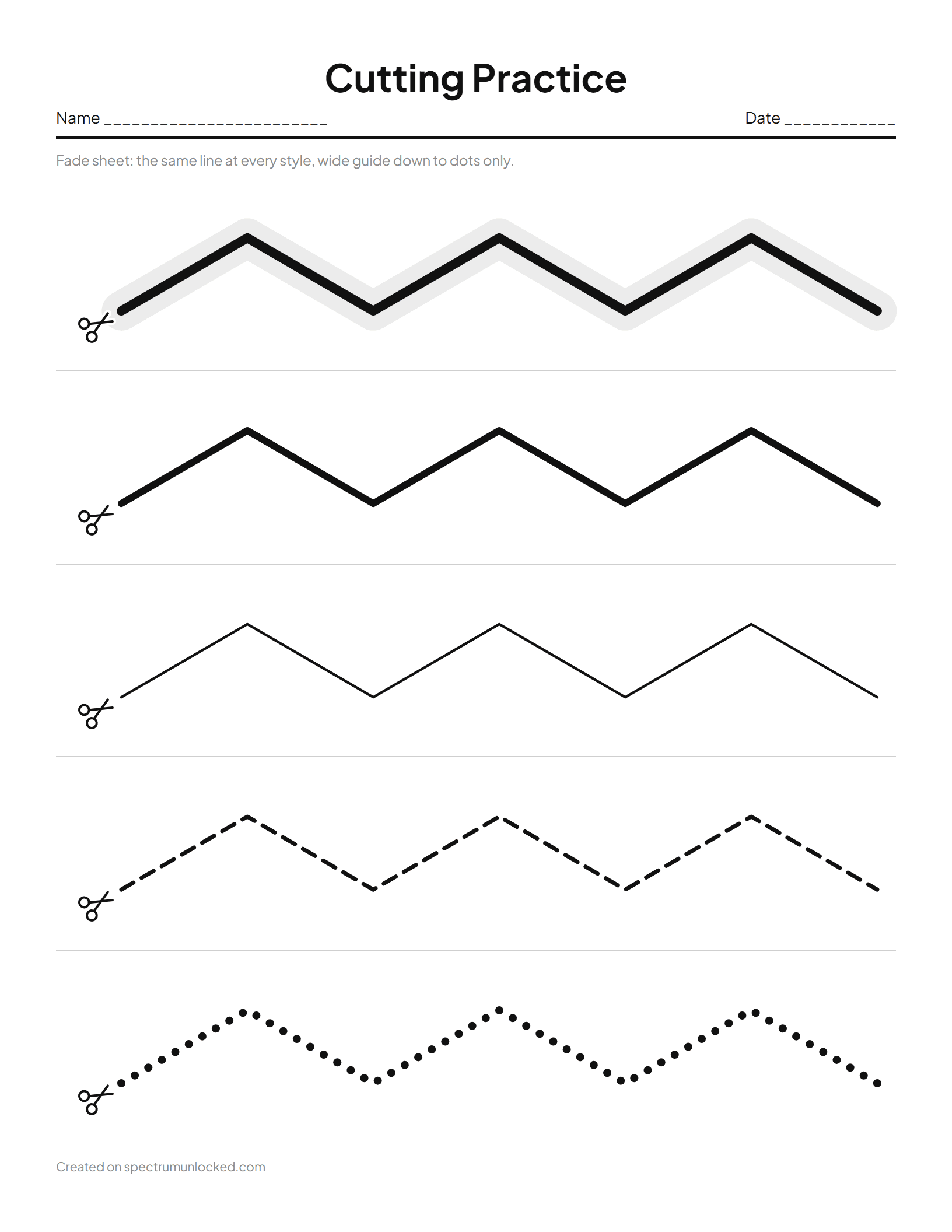 Cutting Practice Worksheets: preview of a sample sheet from the maker