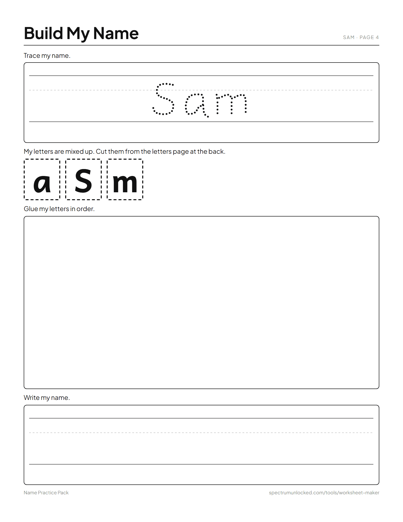Name Practice Pack: preview of a sample sheet from the maker