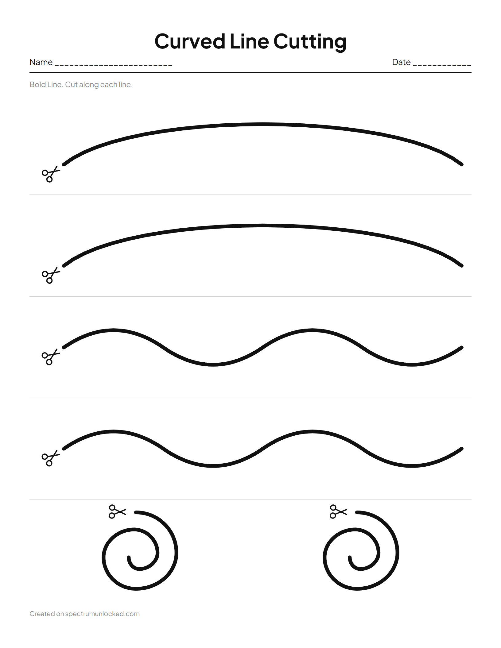 Curved Line Cutting Worksheets: preview of the printable sheet