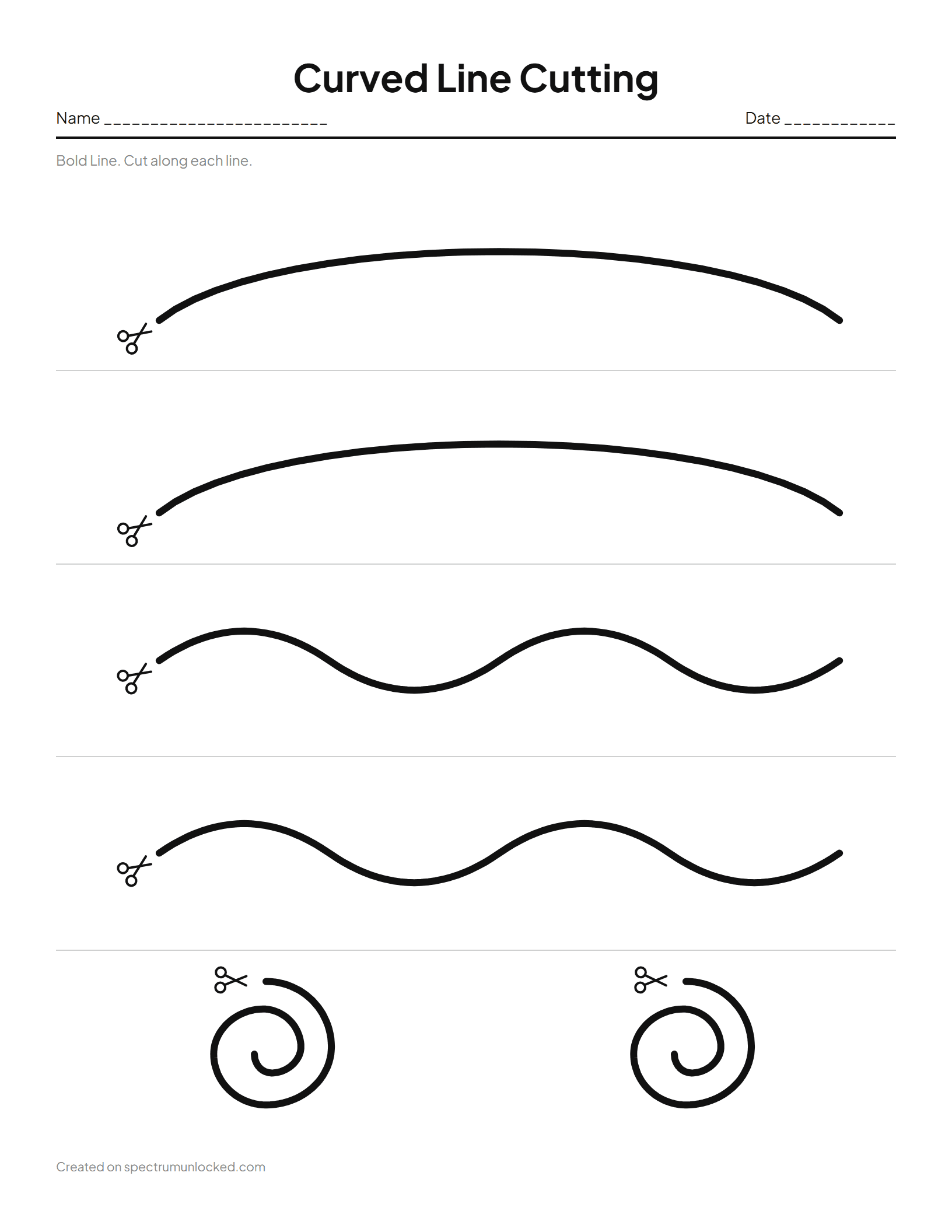 Curved Line Cutting Worksheets: preview of the printable sheet